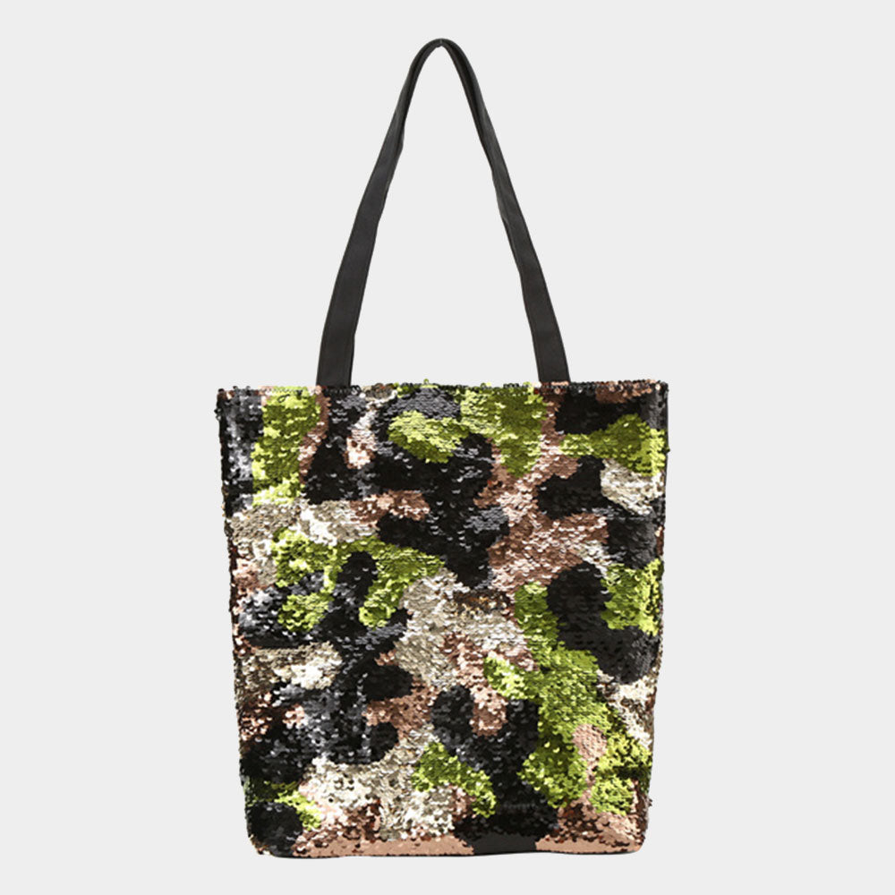 Camouflage Patterned Sequin Tote Bag