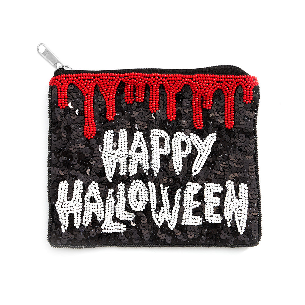 Happy Halloween Spooky Sequins and Glass Beaded Zipper Pouch