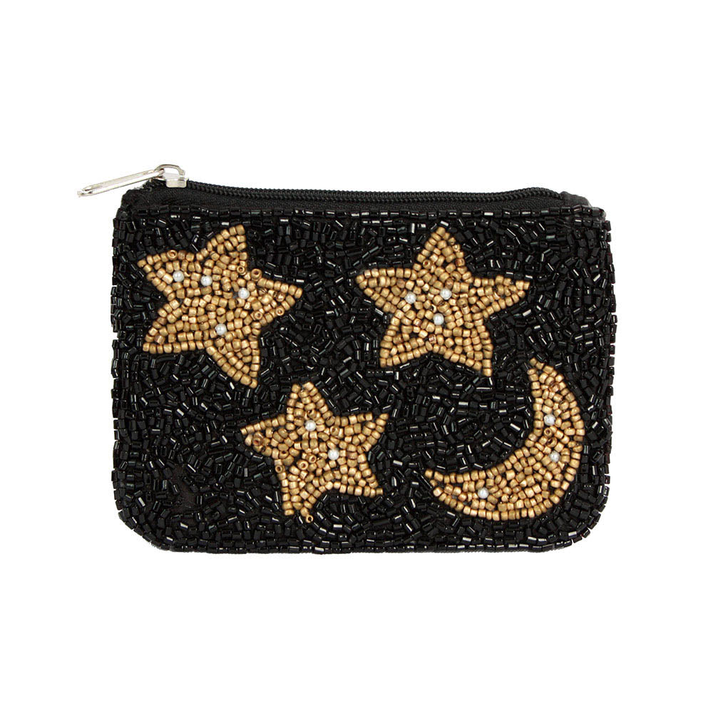 Moon and Stars Glass Beaded Zipper Pouch