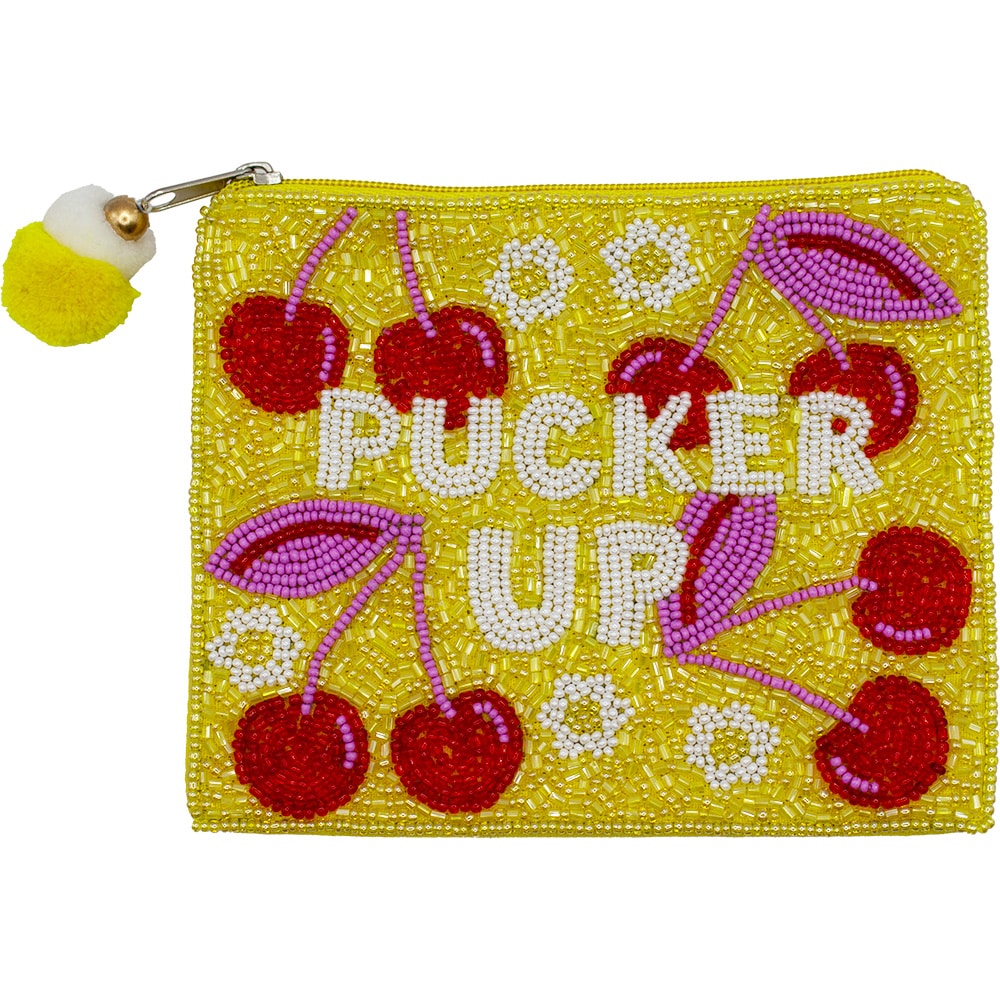 Cherries Pucker Up Glass Beaded Zipper Pouch