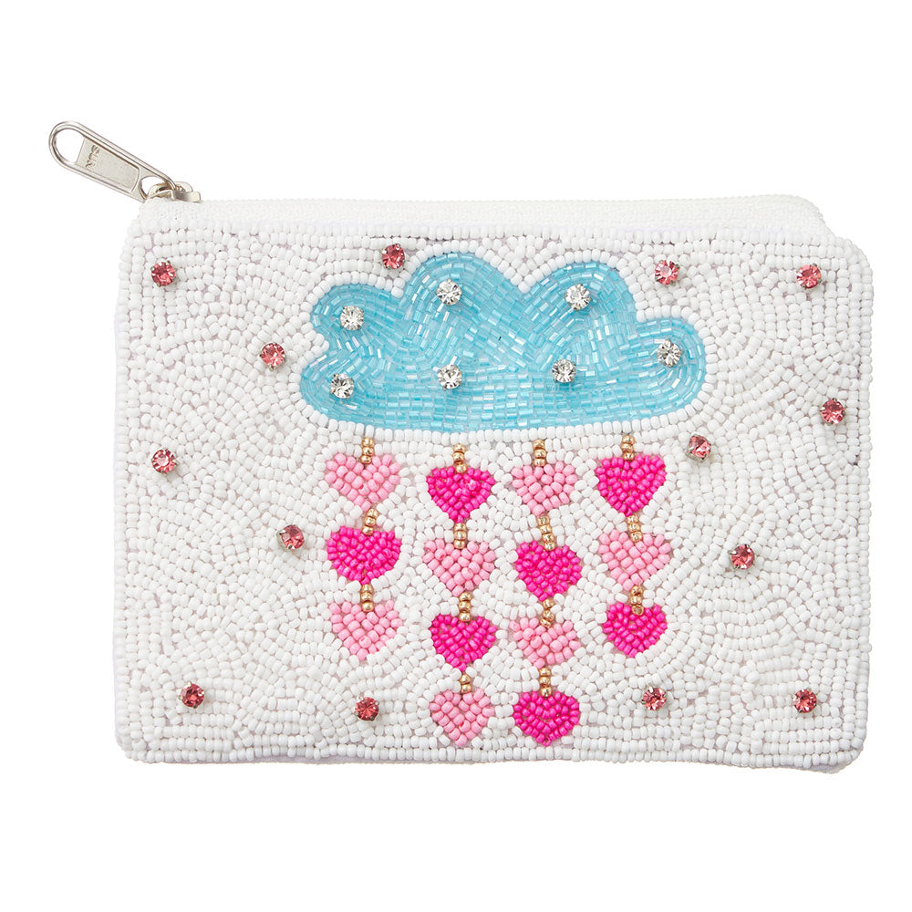 Cloud Raining Hearts Glass Beaded Zipper Pouch