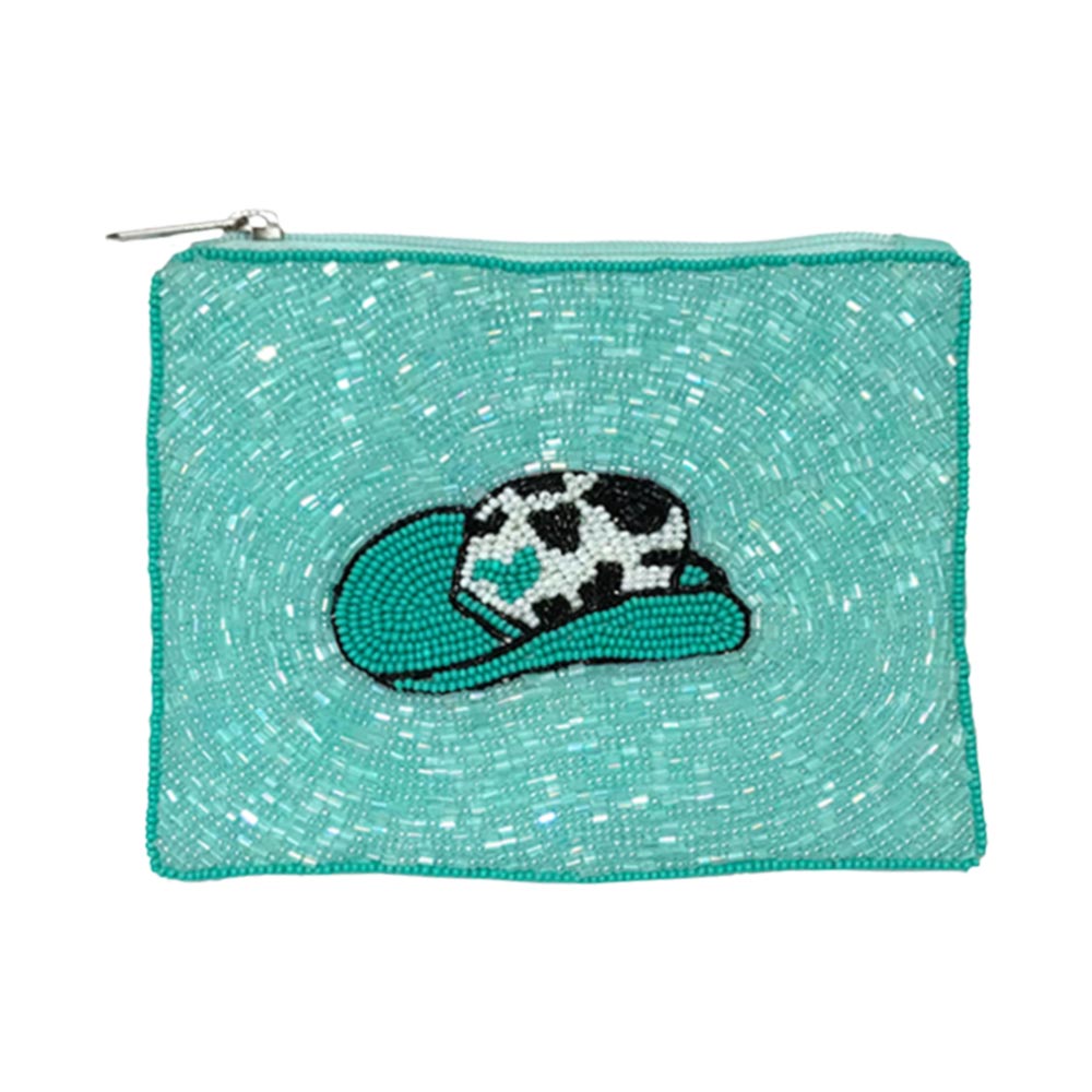 Cowgirl Hat Turquoise Glass Beaded Zipper Pouch