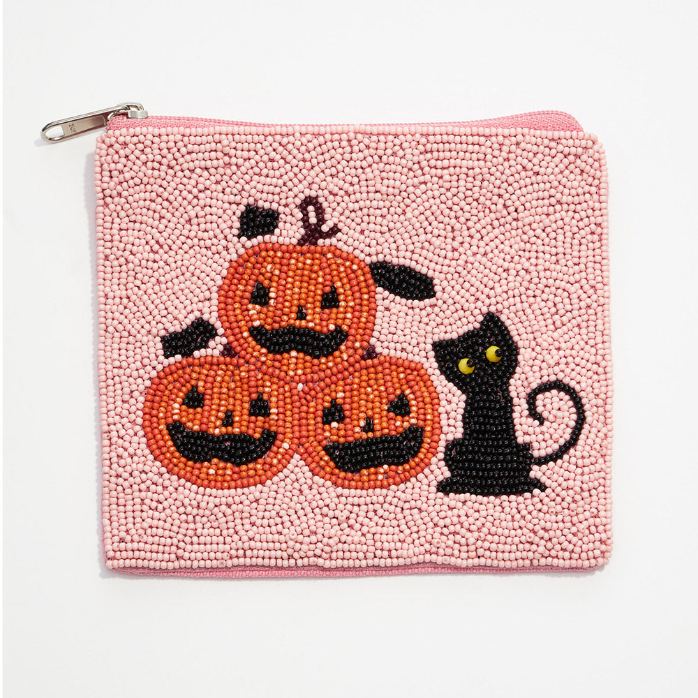Jack-o'-Lanterns and Black Cat Glass Beaded Zipper Pouch