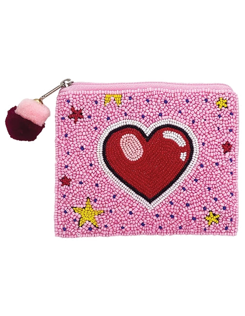 Red Cartoon Heart Glass Beaded Zipper Pouch