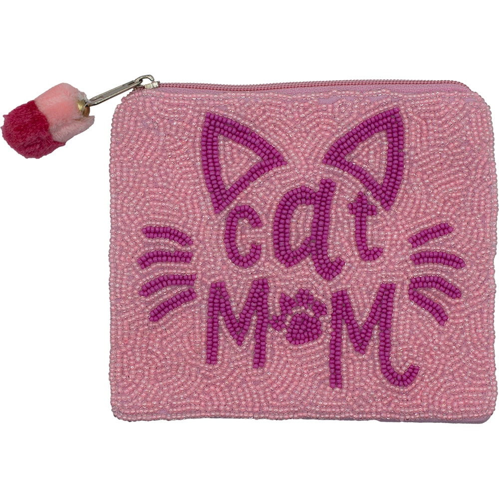 Pink Cat Mom Glass Beaded Zipper Pouch