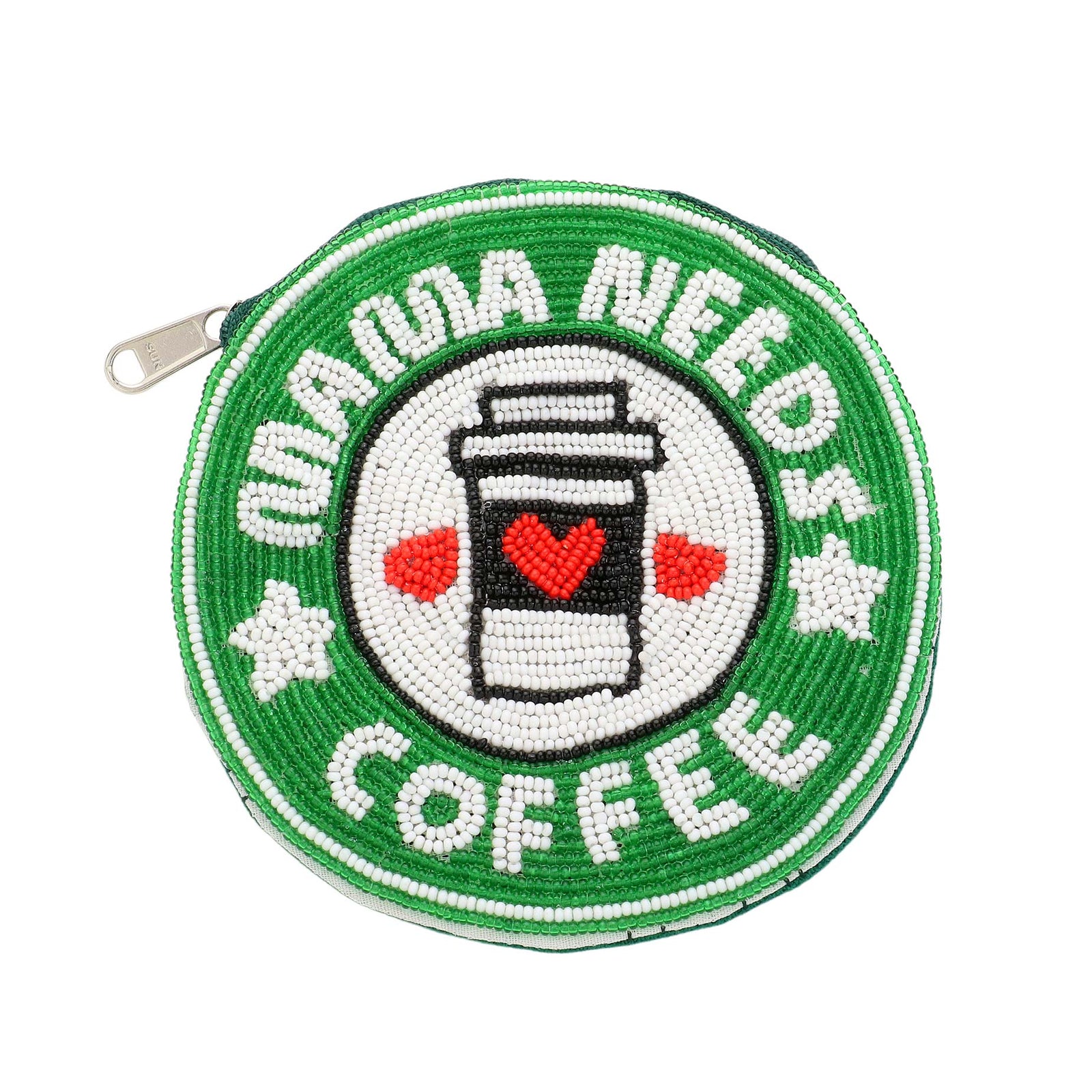 Mama Needs Coffee Round Glass Beaded Zipper Pouch