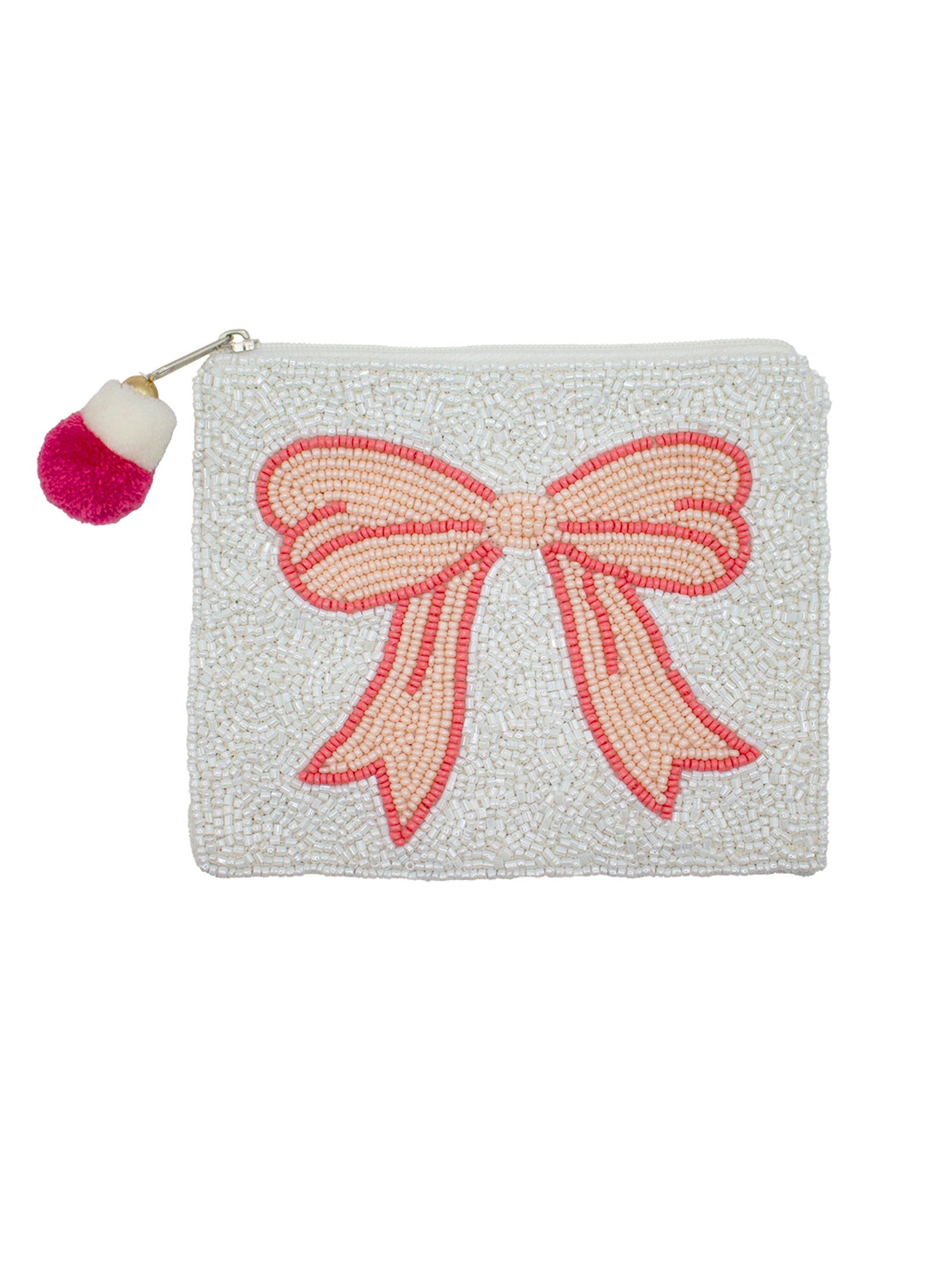 Pink Bow Glass Beaded Zipper Pouch