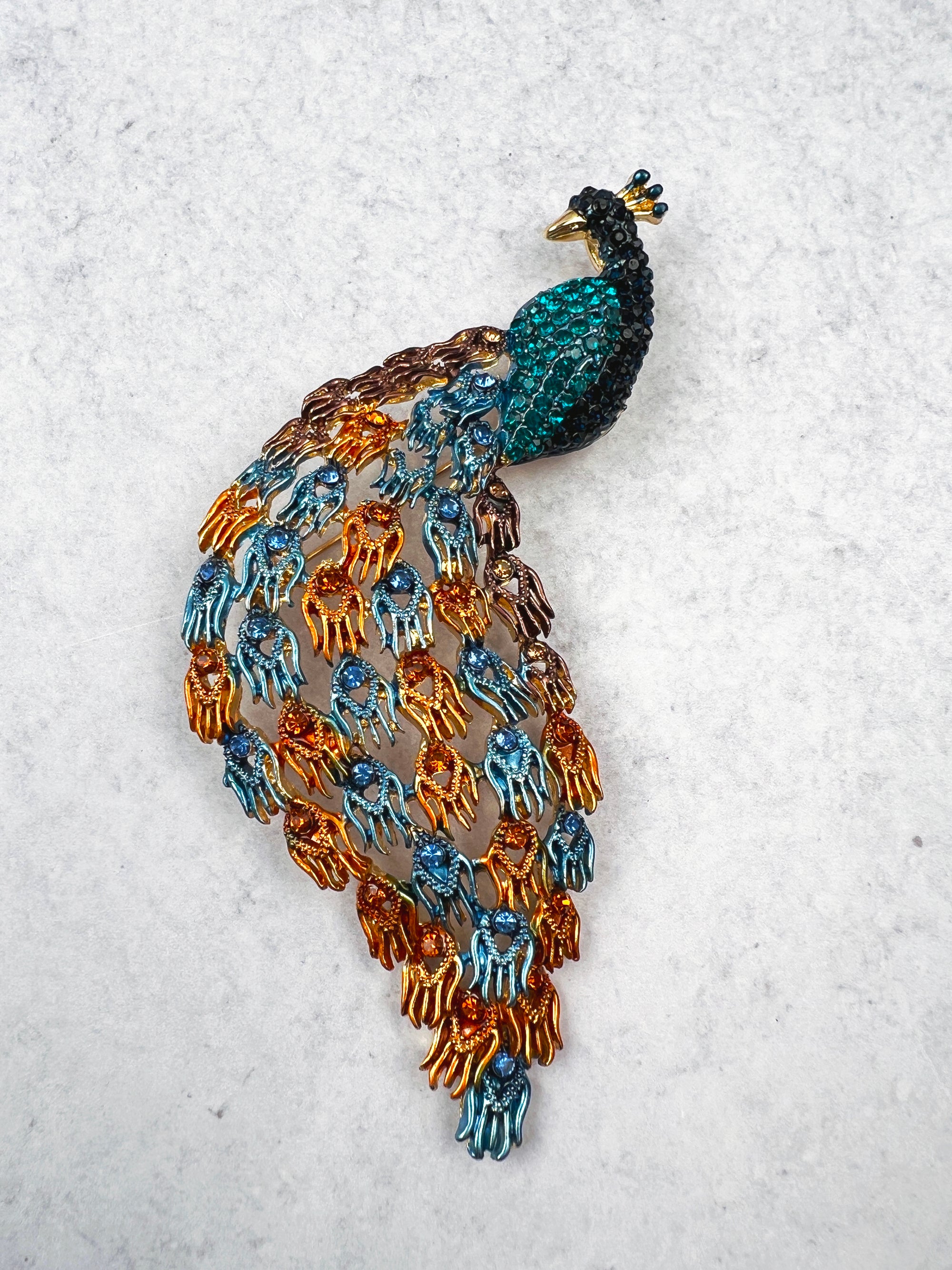 Peacock Copper and Teal Rhinestone Brooch
