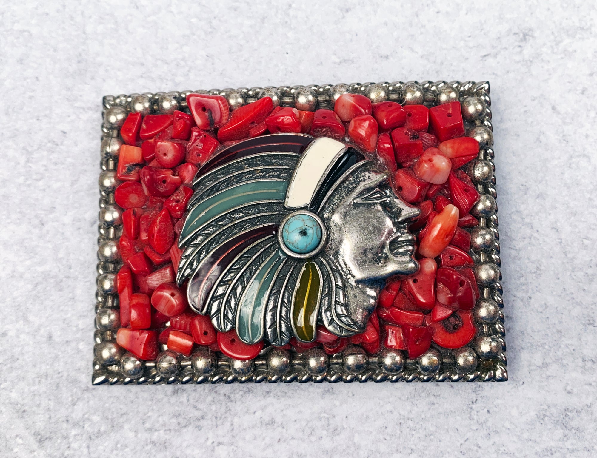 Red Coral Indian Head Belt Buckle