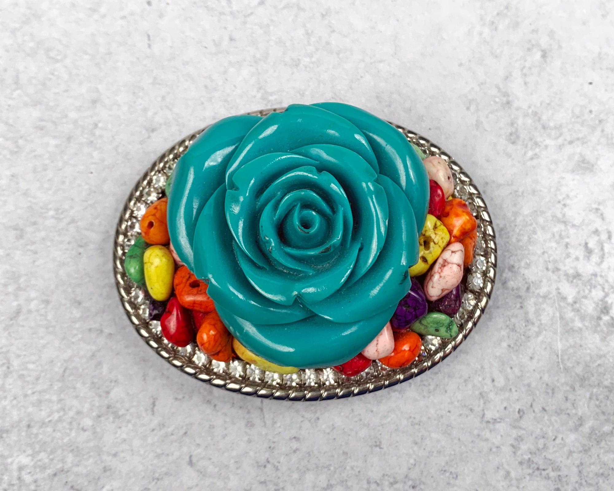 Turquoise Rose and Multicolored Stones Belt Buckle