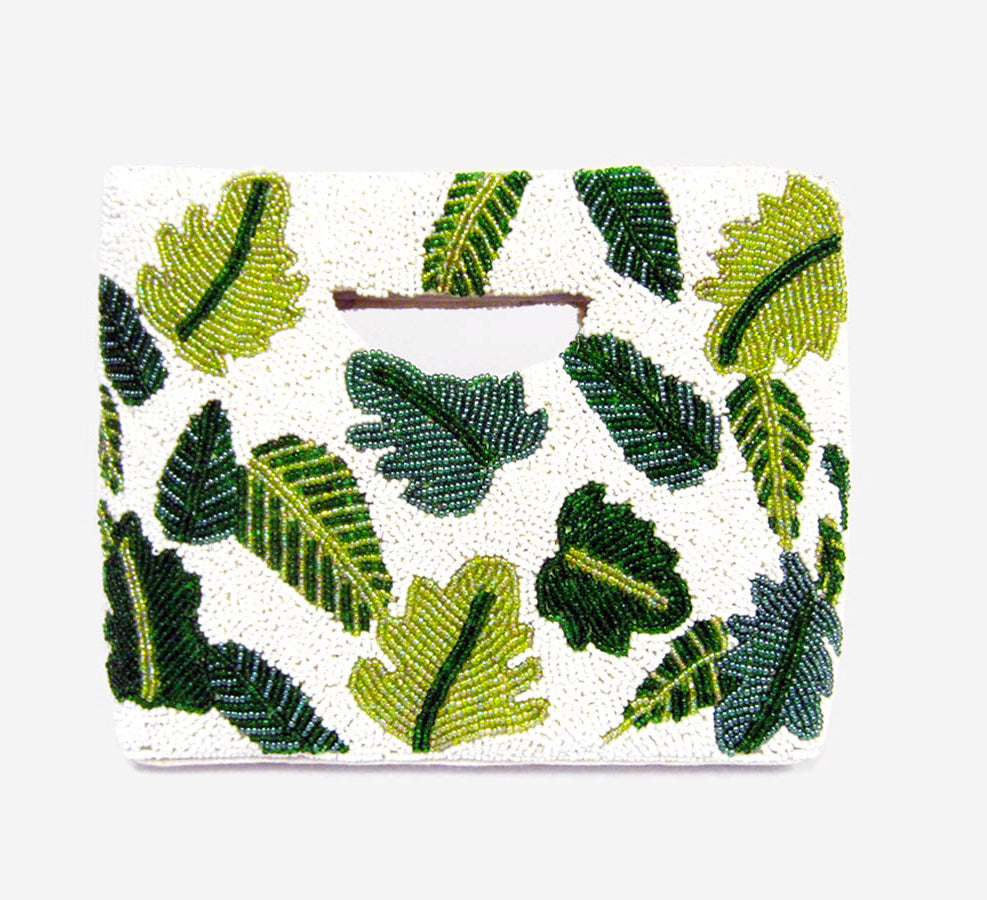 Tropical Leaf Glass Beaded Clutch