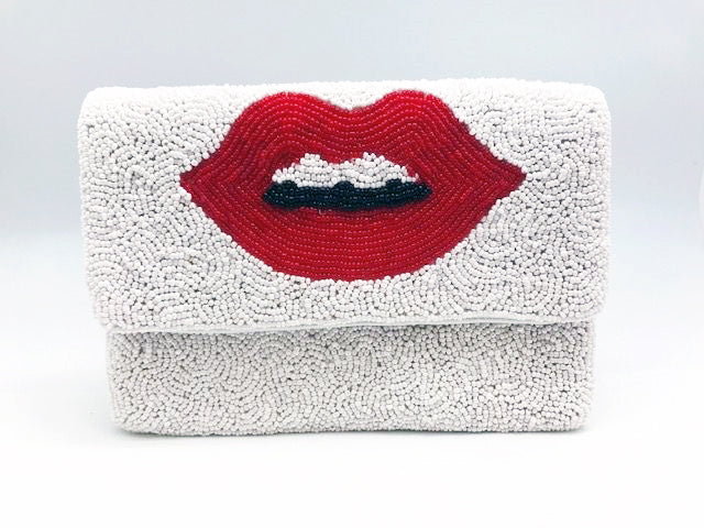 Red Lips Glass Beaded Clutch