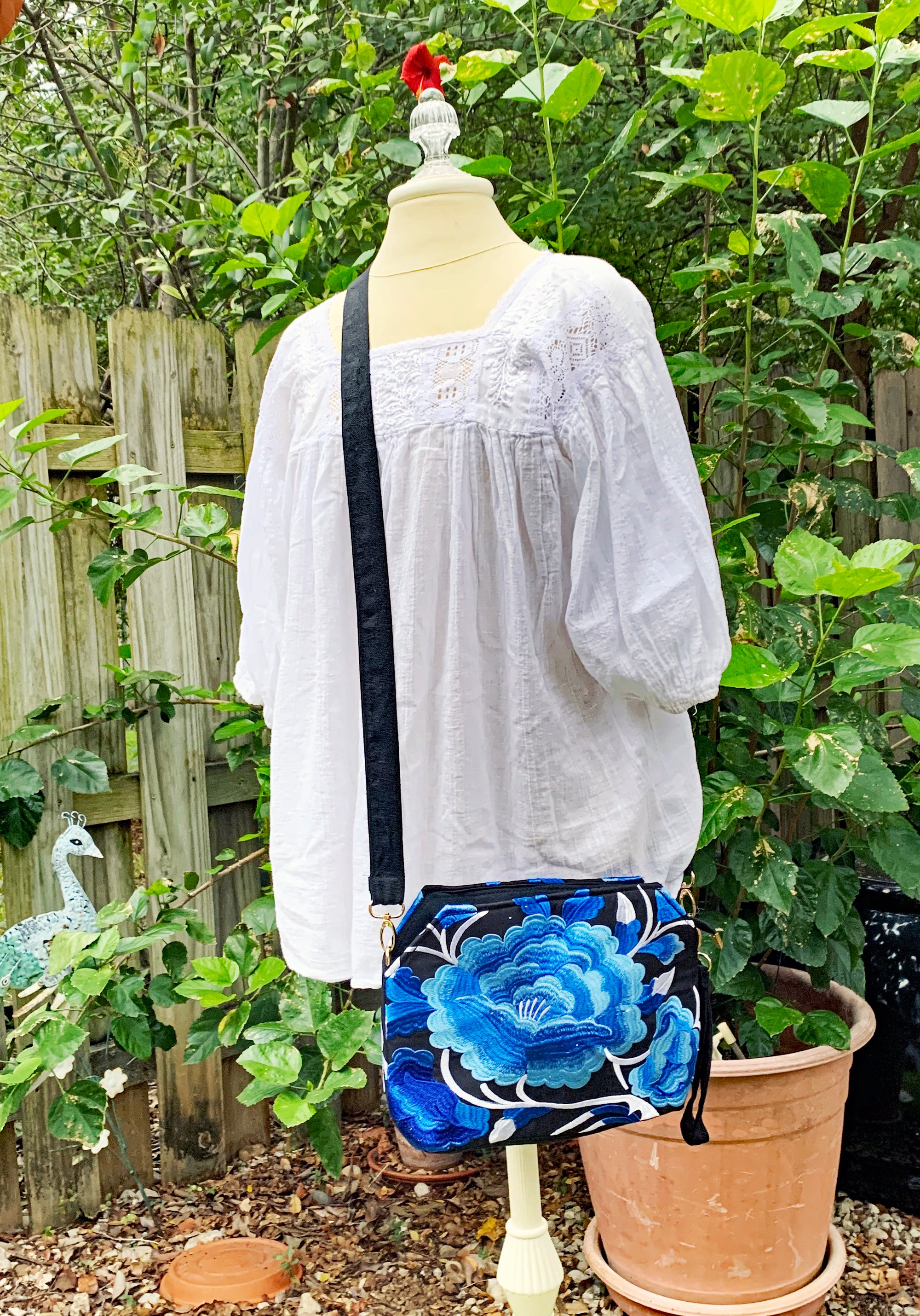 Embroidered Blue Floral Crossbody Bag