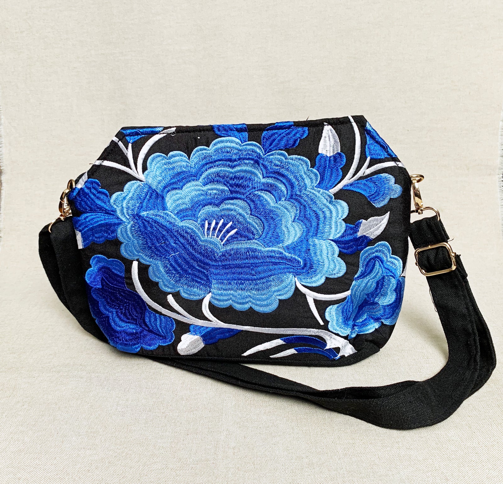 Embroidered Blue Floral Crossbody Bag