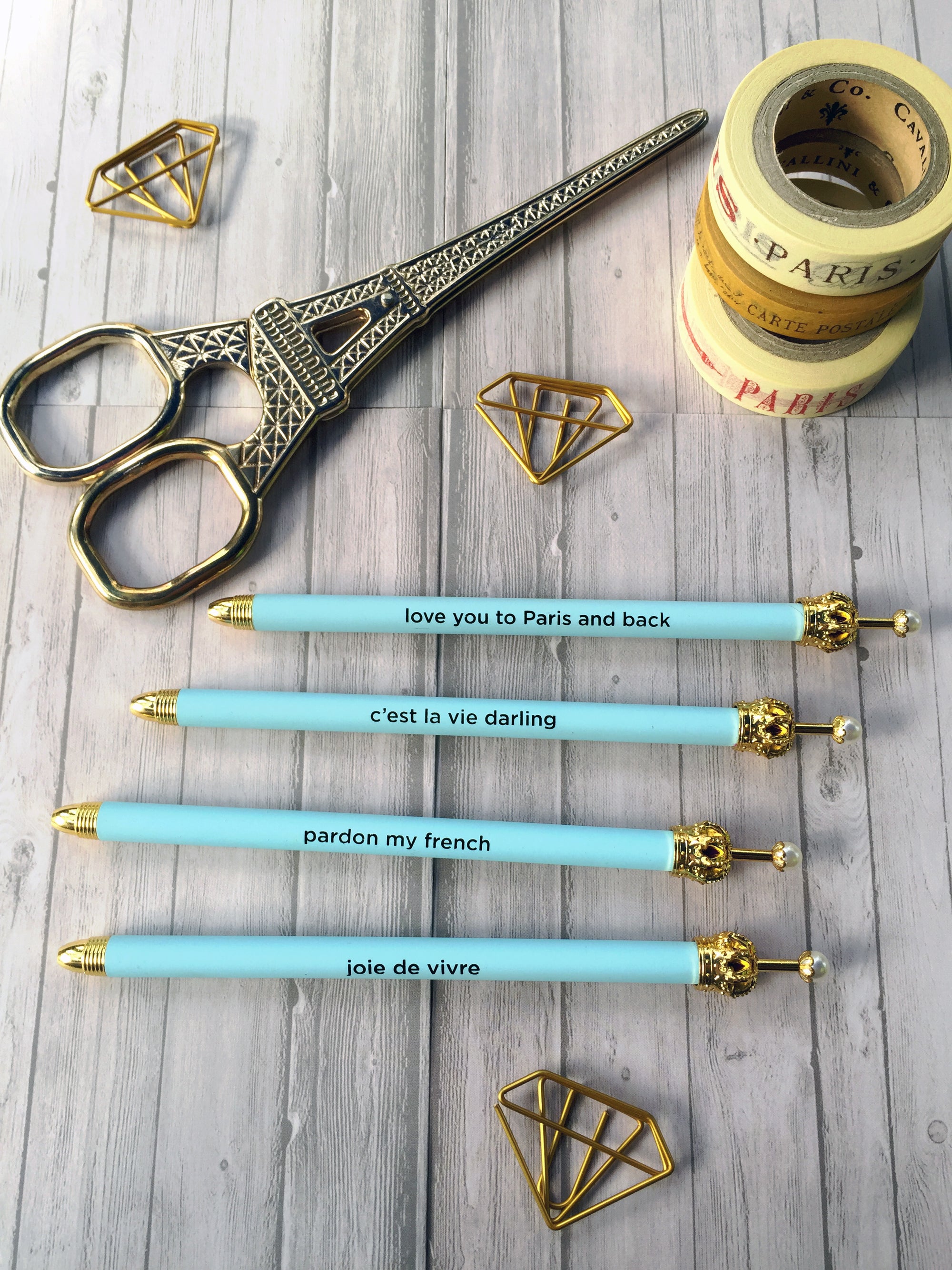 Light Blue Crown Ballpoint Pen with Cute French Mantra