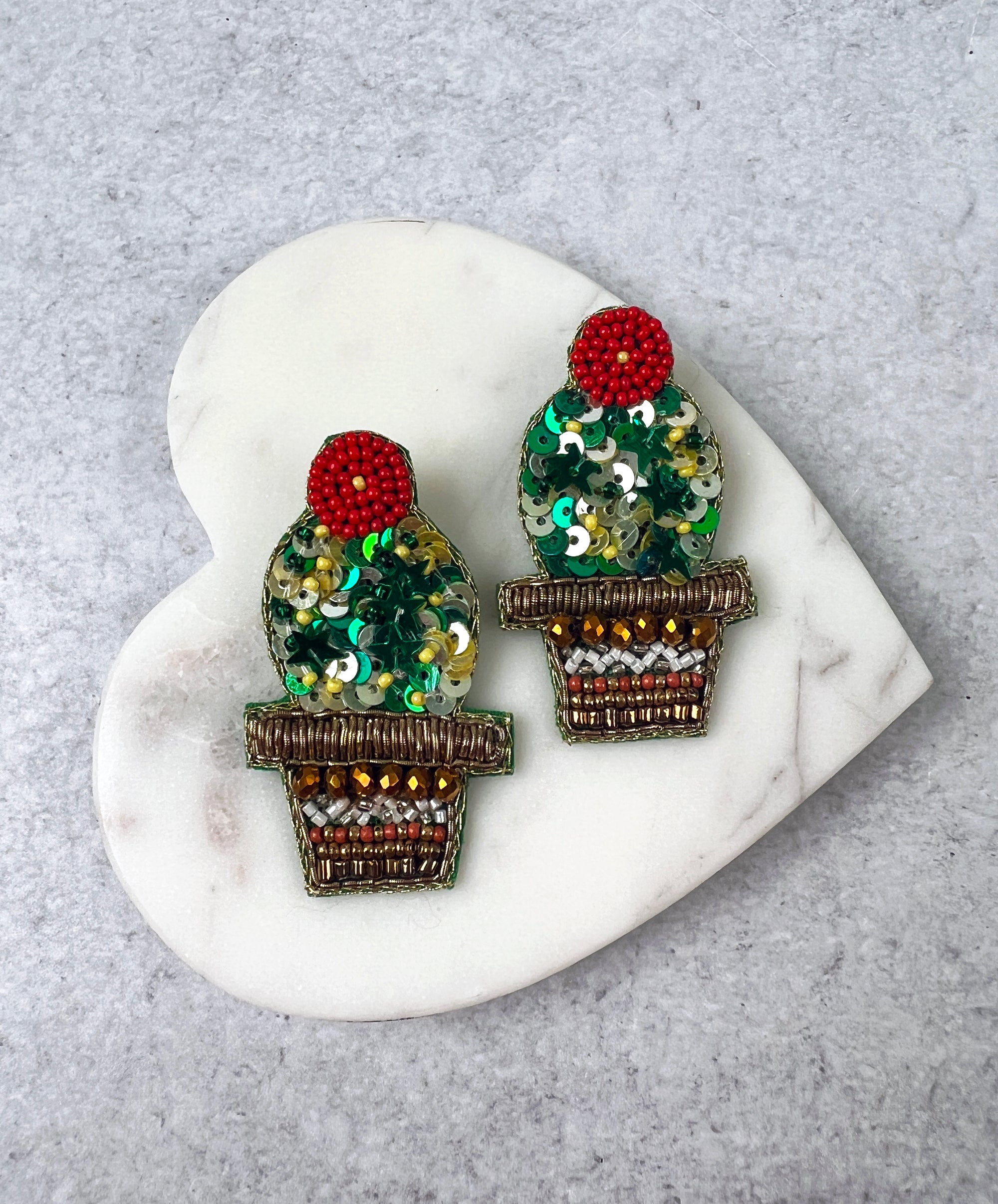 Cactus Sequin and Beaded Earrings