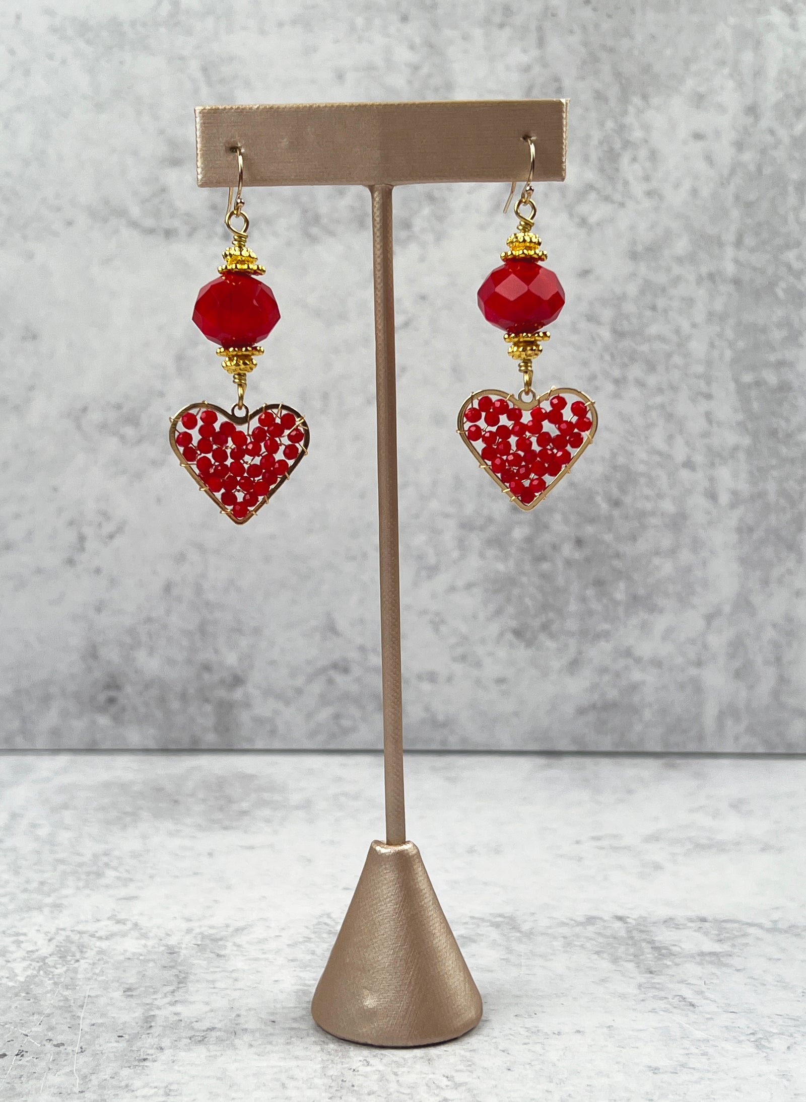 Woven Beaded Red Heart Charm Earrings