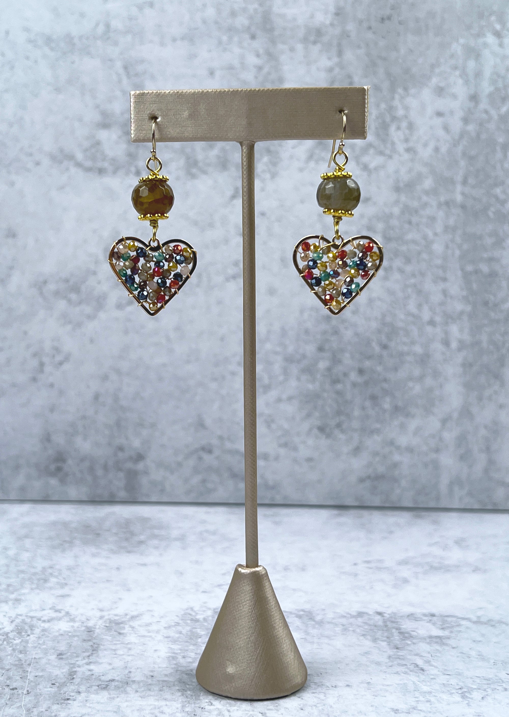 Woven Beaded Agate Heart Charm Earrings