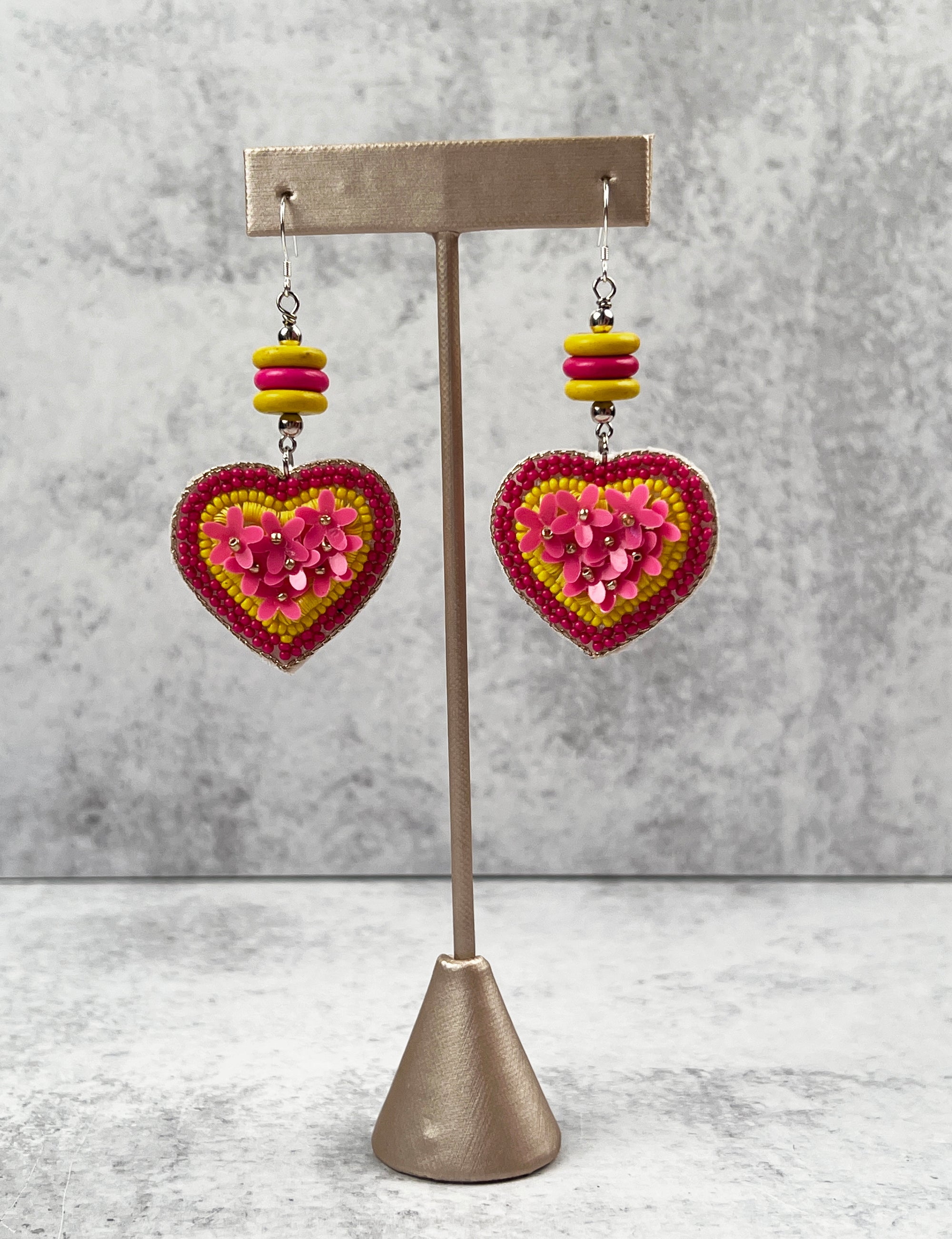 Pink and Yellow Flower and Heart Earrings