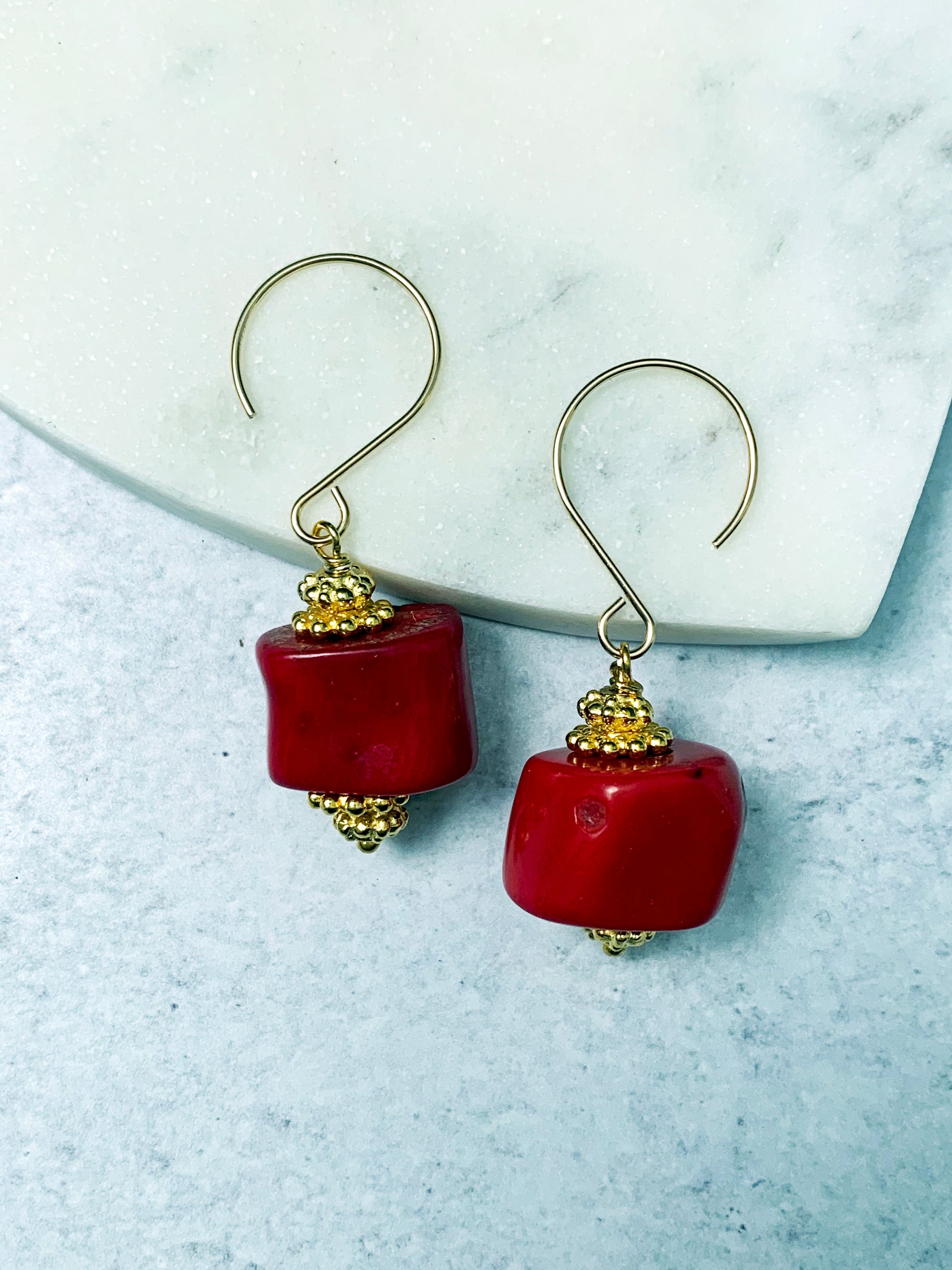 Red Bamboo Coral Gold Earrings