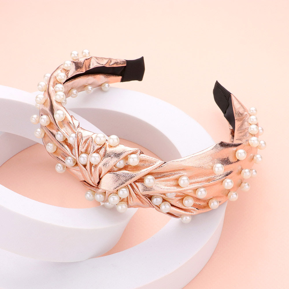 Metallic Fabric Knot and Faux Pearl Headband