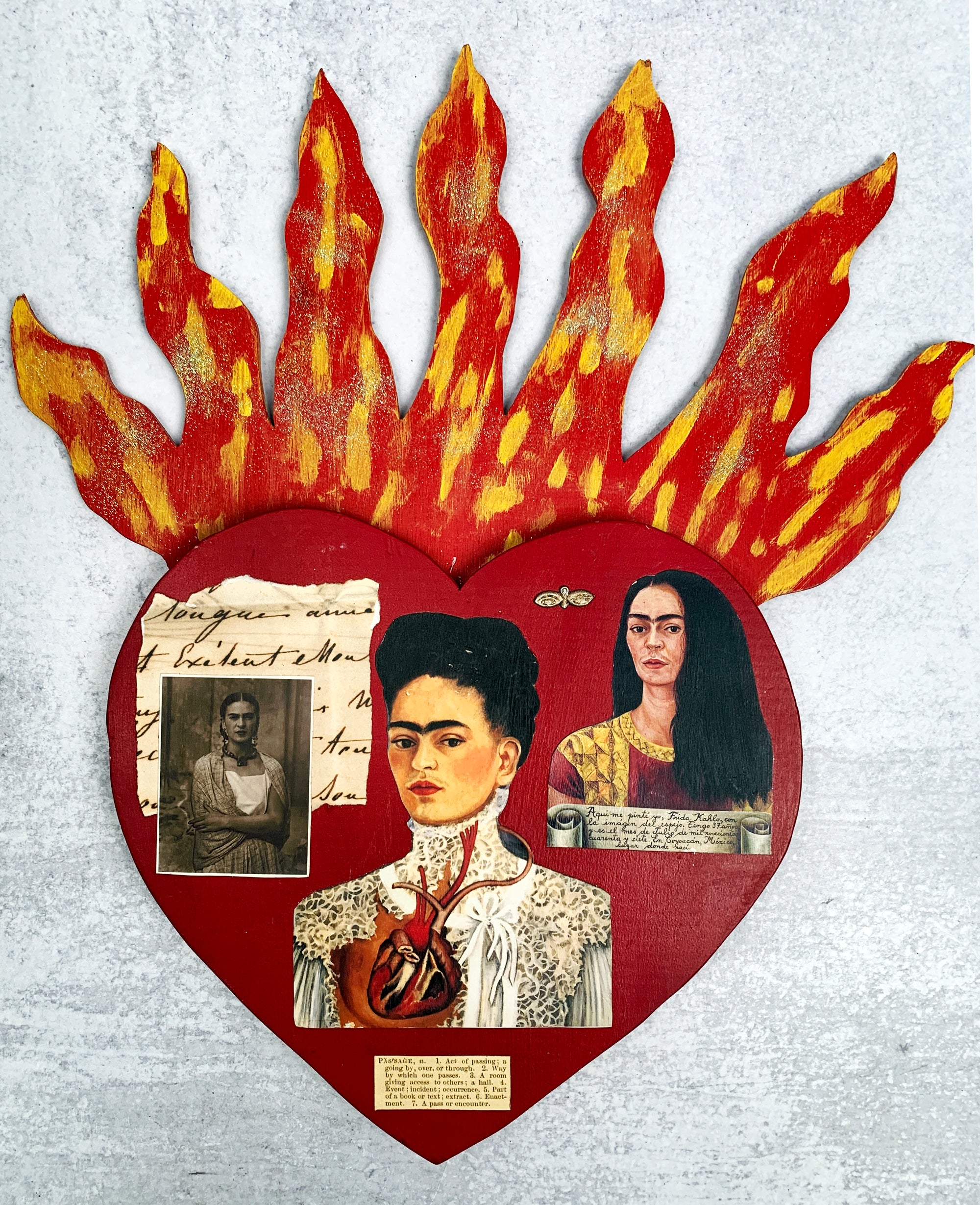 Frida Kahlo Collaged Heart with Flames