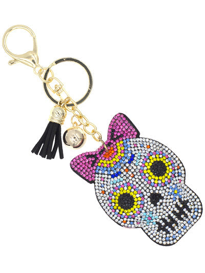 Dia de los Muertos Girly Calavera with Bow Bling Keychain