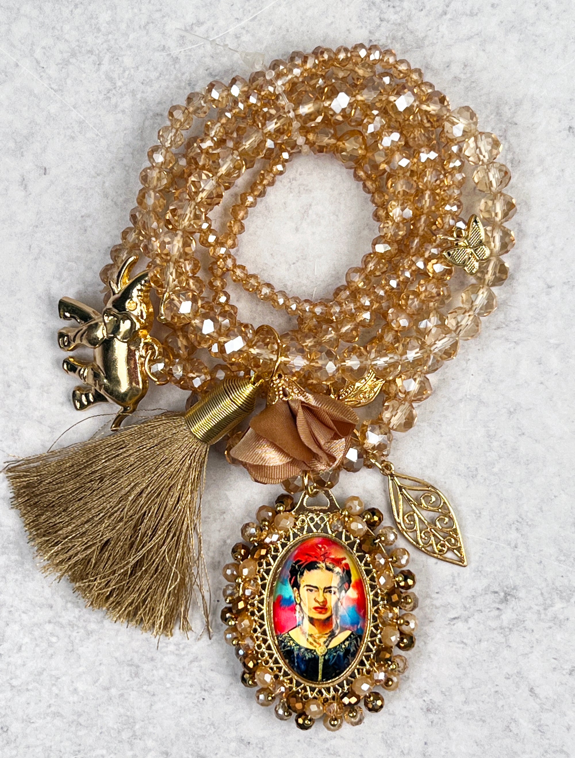 Frida Kahlo Honey Colored Glass Beaded Stretch Bracelet