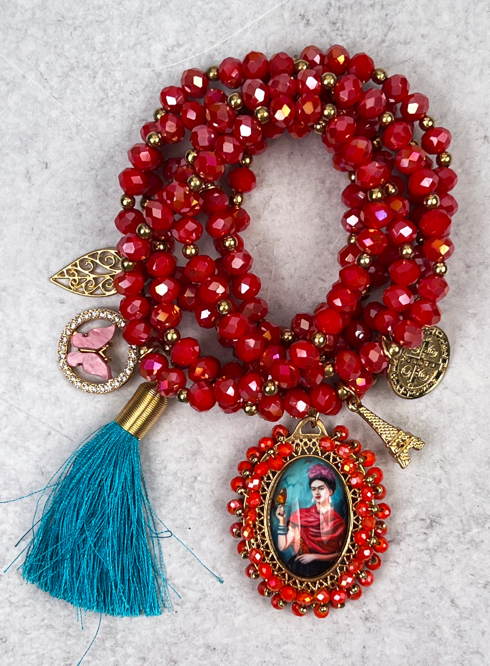 Frida Kahlo Red Glass Beaded Stretch Bracelet