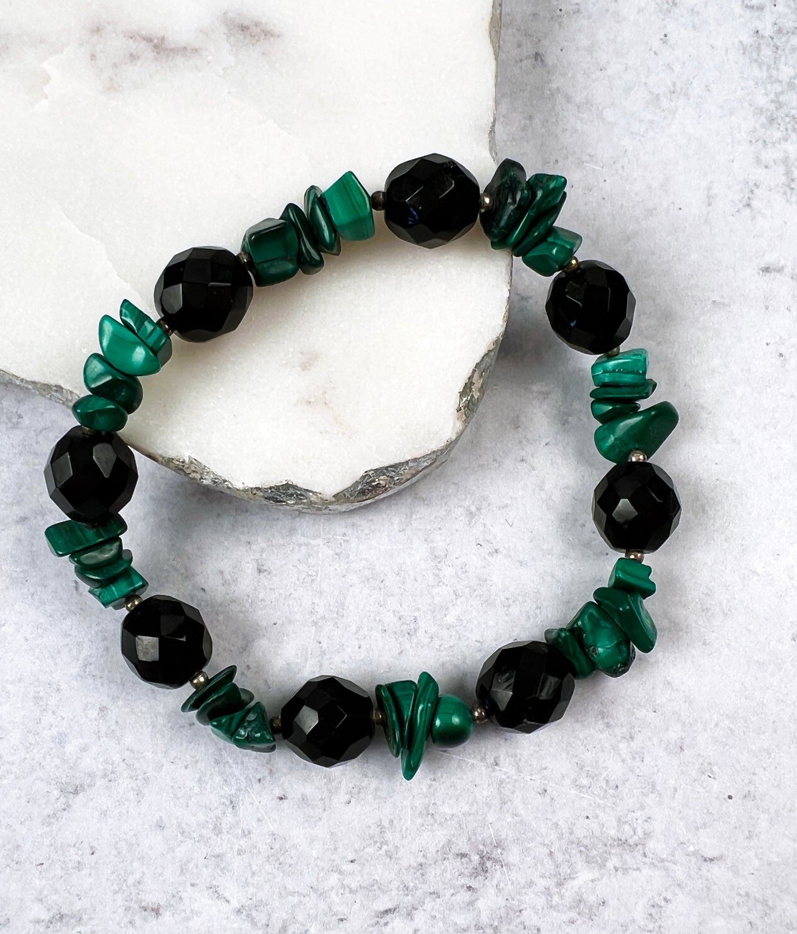 Malachite and Black Glass Bead Stretch Bracelet