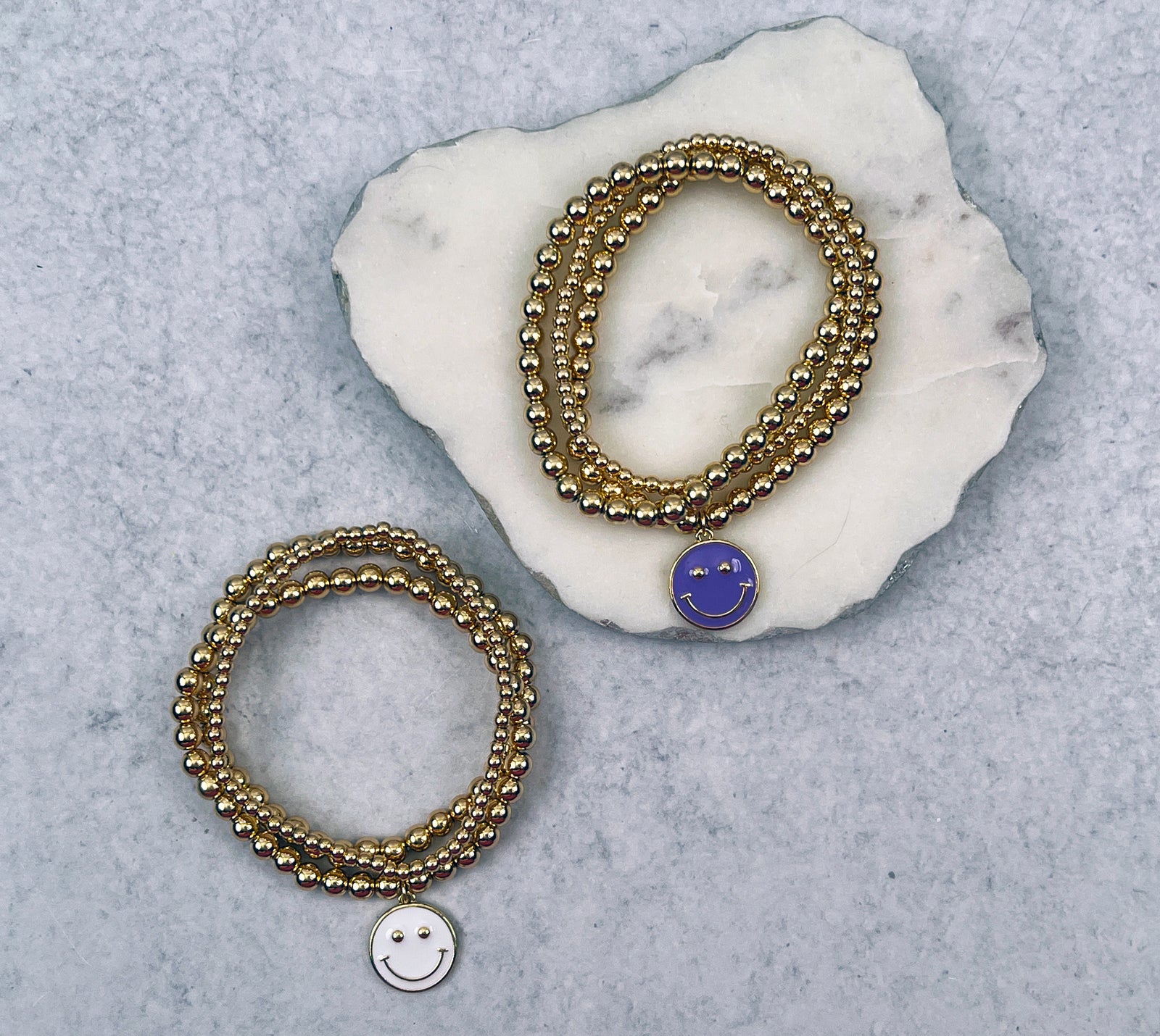 Happy Face Charm Gold Beaded Stretch Bracelet