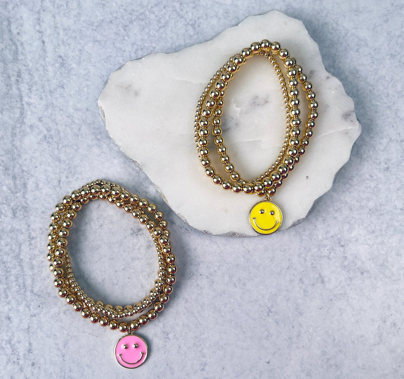 Happy Face Charm Gold Beaded Stretch Bracelet