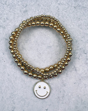 Happy Face Charm Gold Beaded Stretch Bracelet