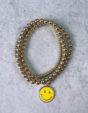 Happy Face Charm Gold Beaded Stretch Bracelet