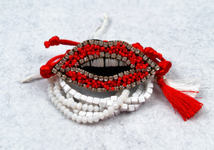 Embroidered Red Lips and Glass Stretch Bracelets