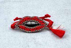 Embroidered Red Lips and Glass Stretch Bracelets