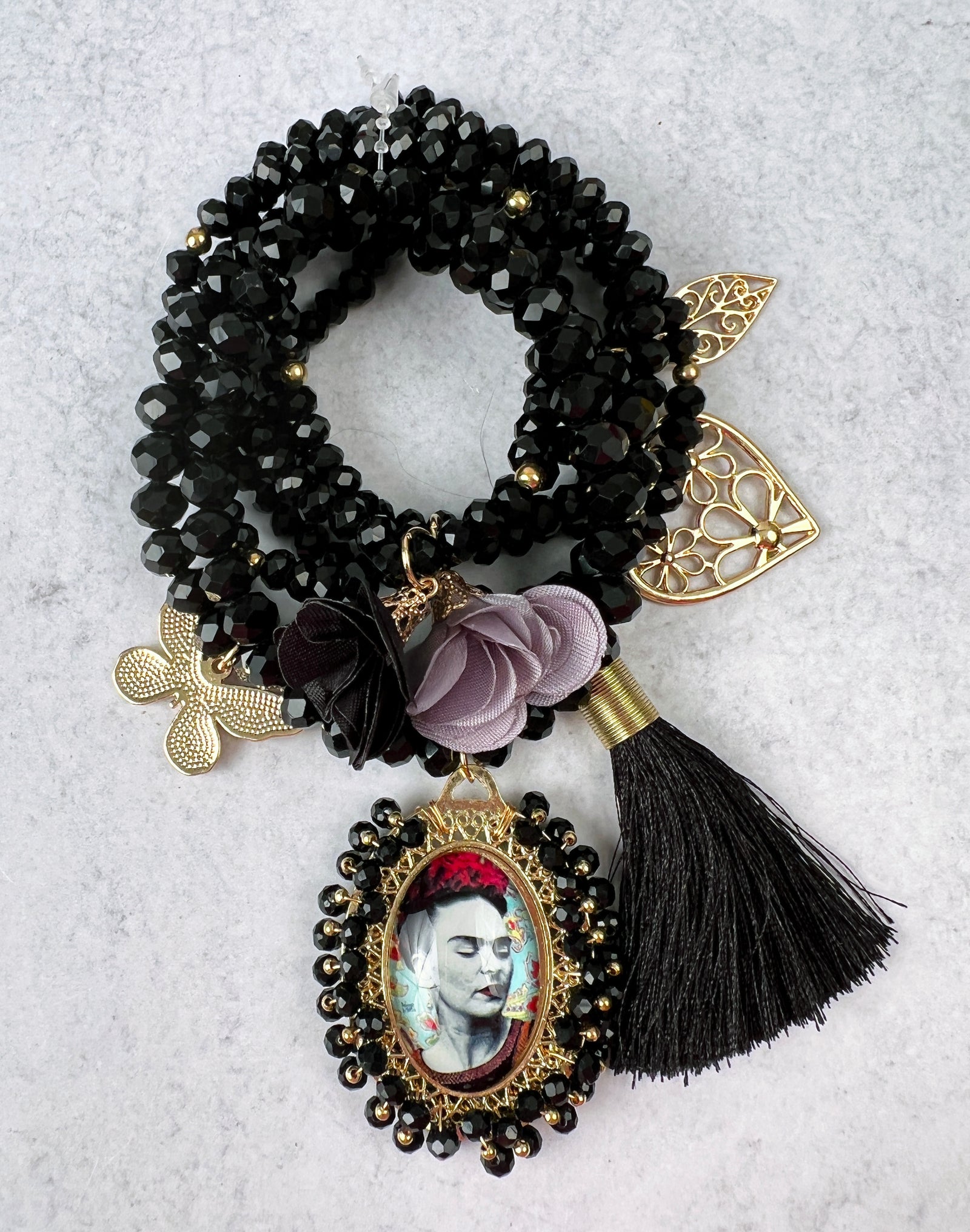 Frida Kahlo Black Beaded Stretch Bracelet