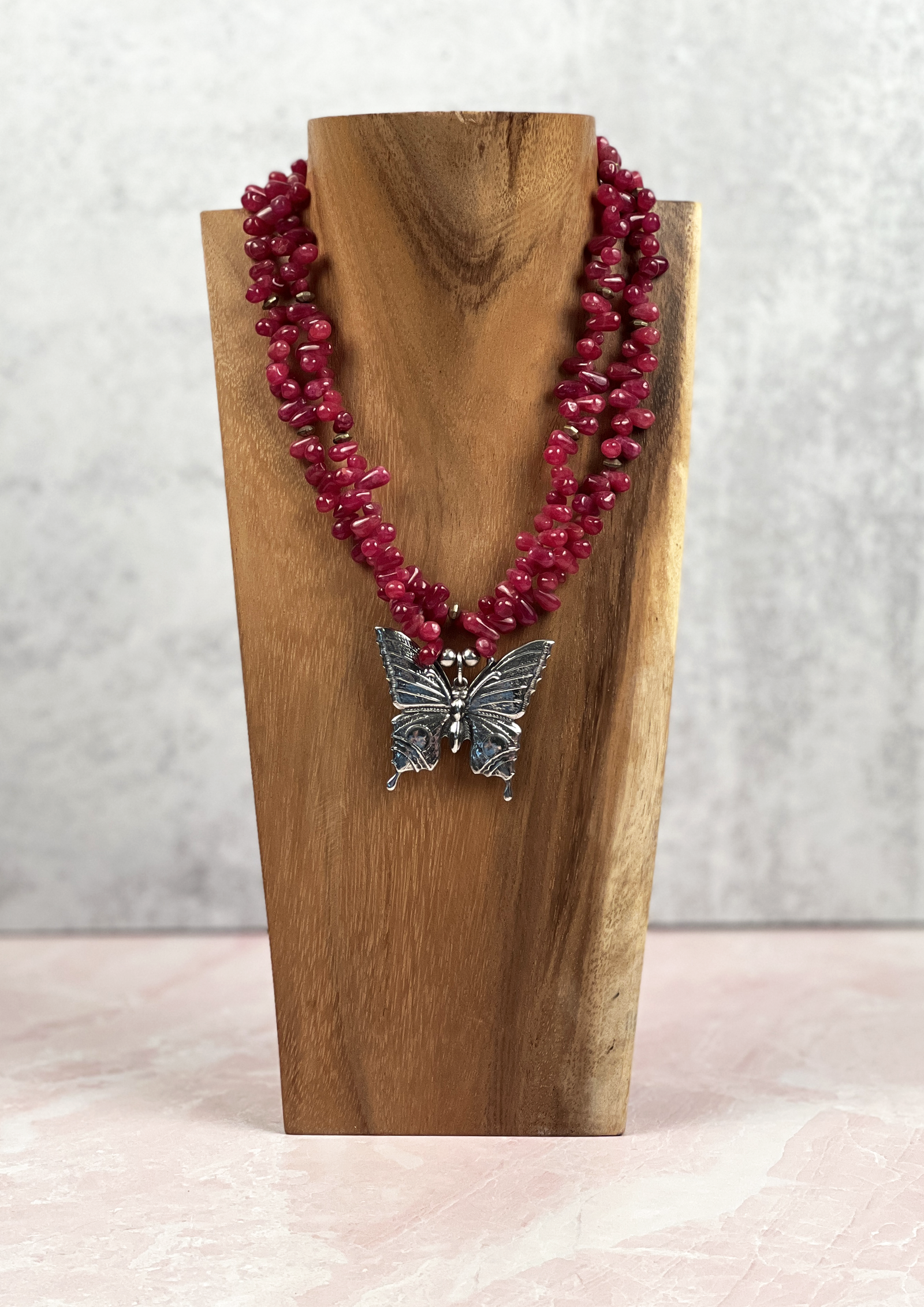 Ruby Red Quartz and Butterfly Necklace