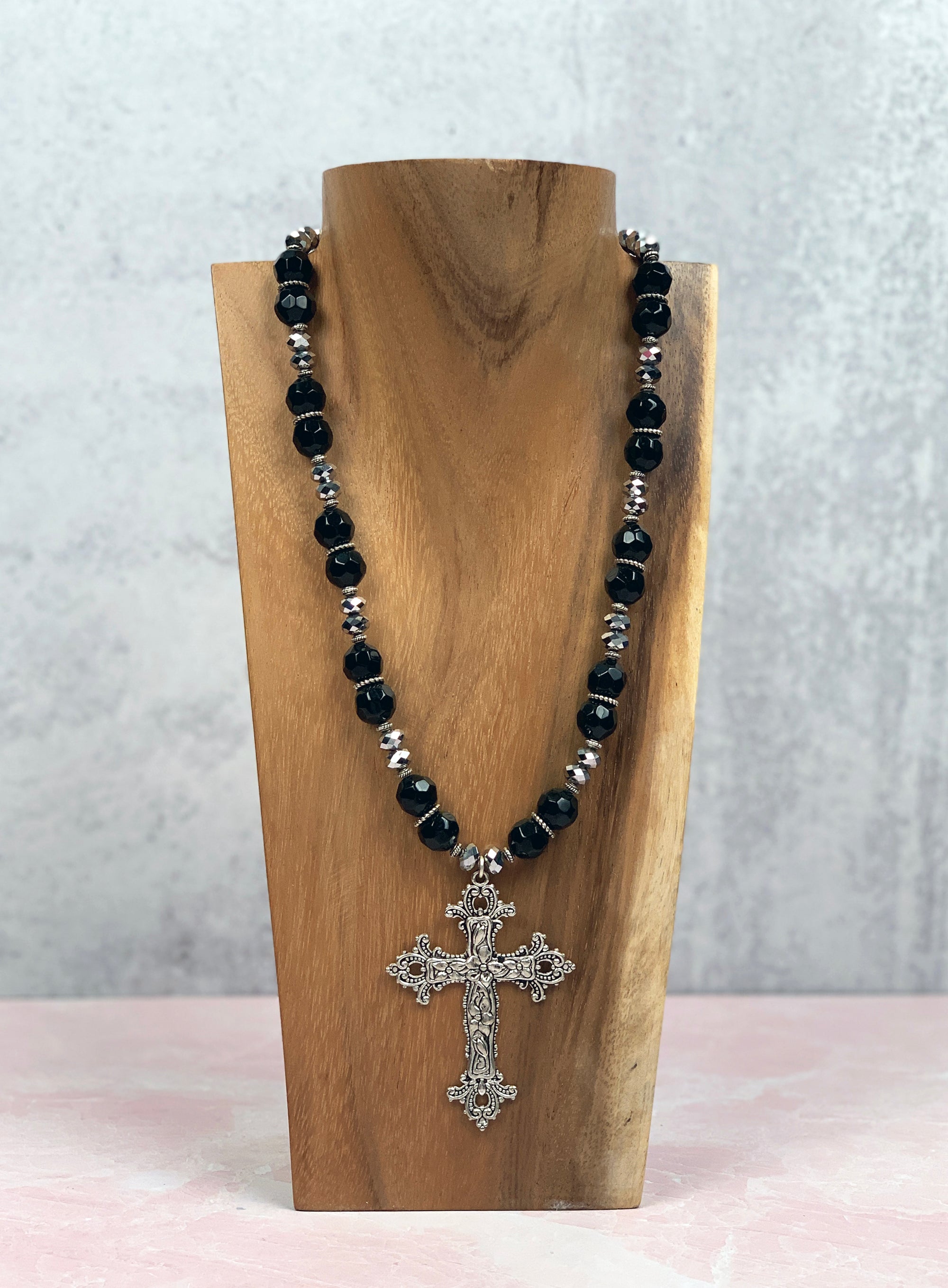 Black and Silver Glass Beads with Ornate Cross Necklace