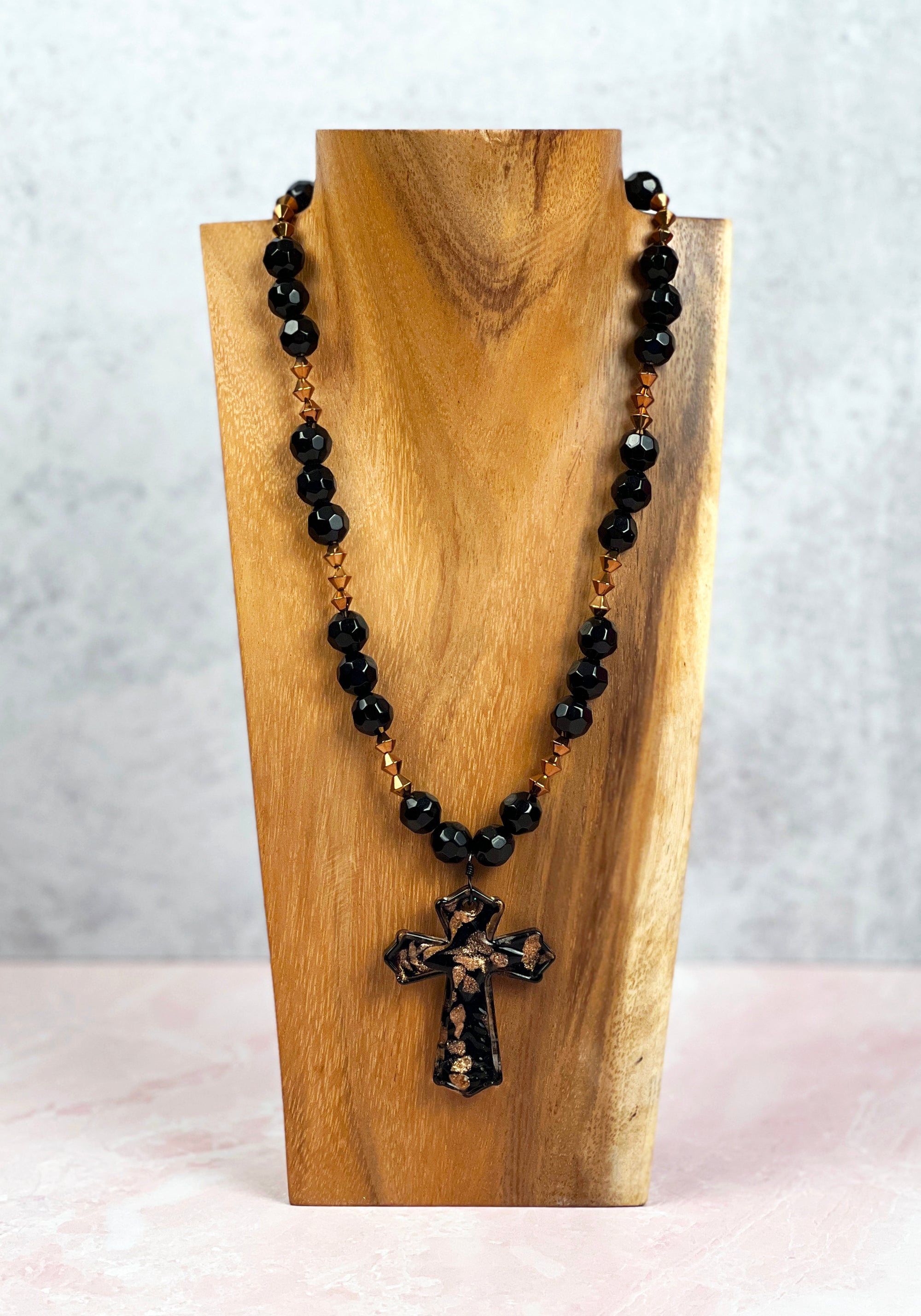 Black and Copper Fused Glass Cross Necklace