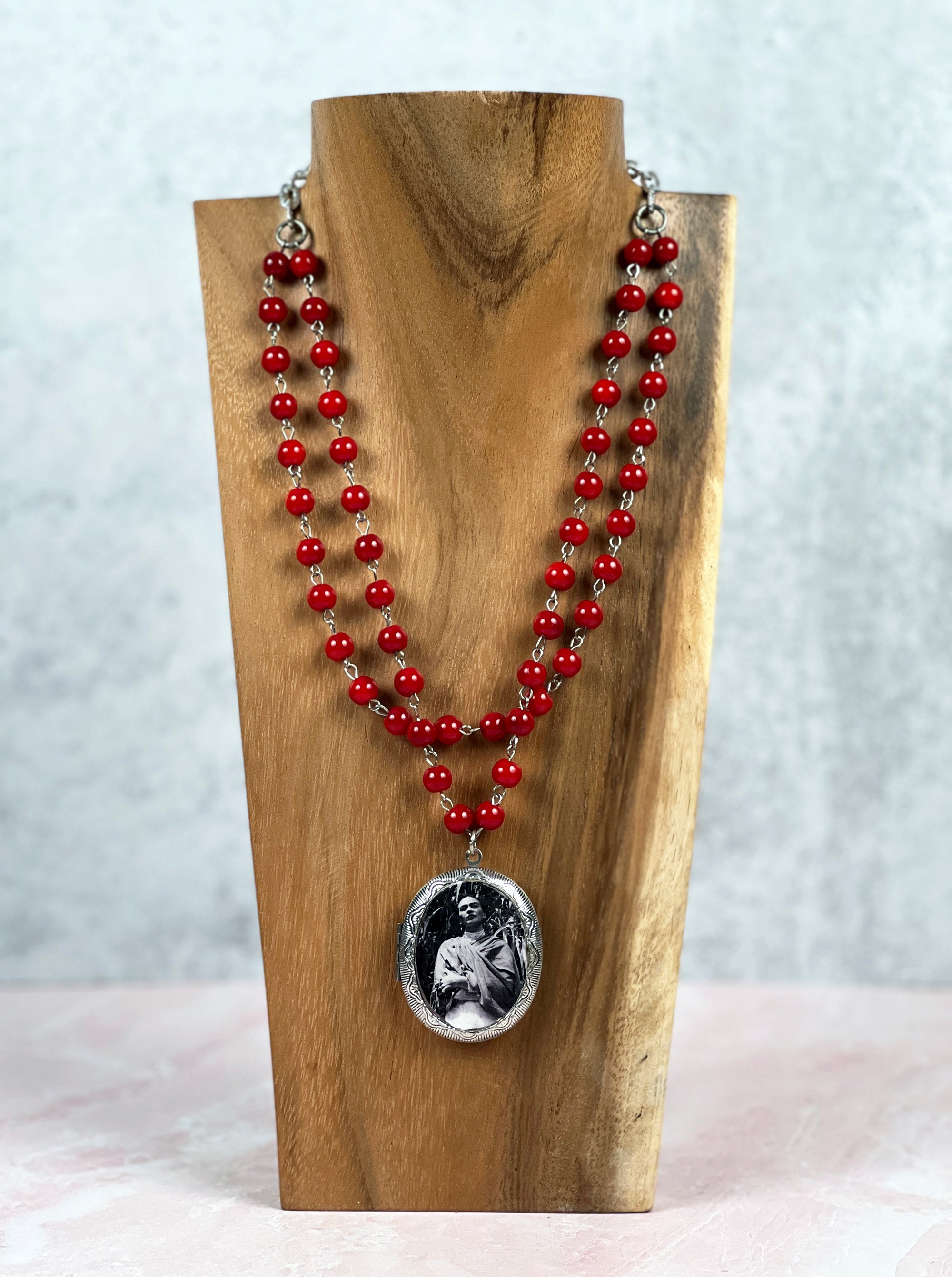 Frida Kahlo Red Bead Locket Necklace