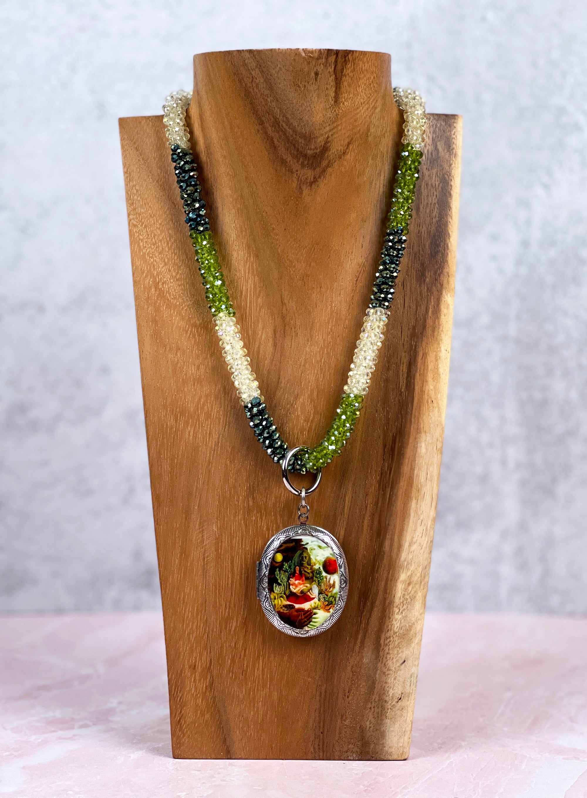 Frida Kahlo Green Crystal Locket Necklace
