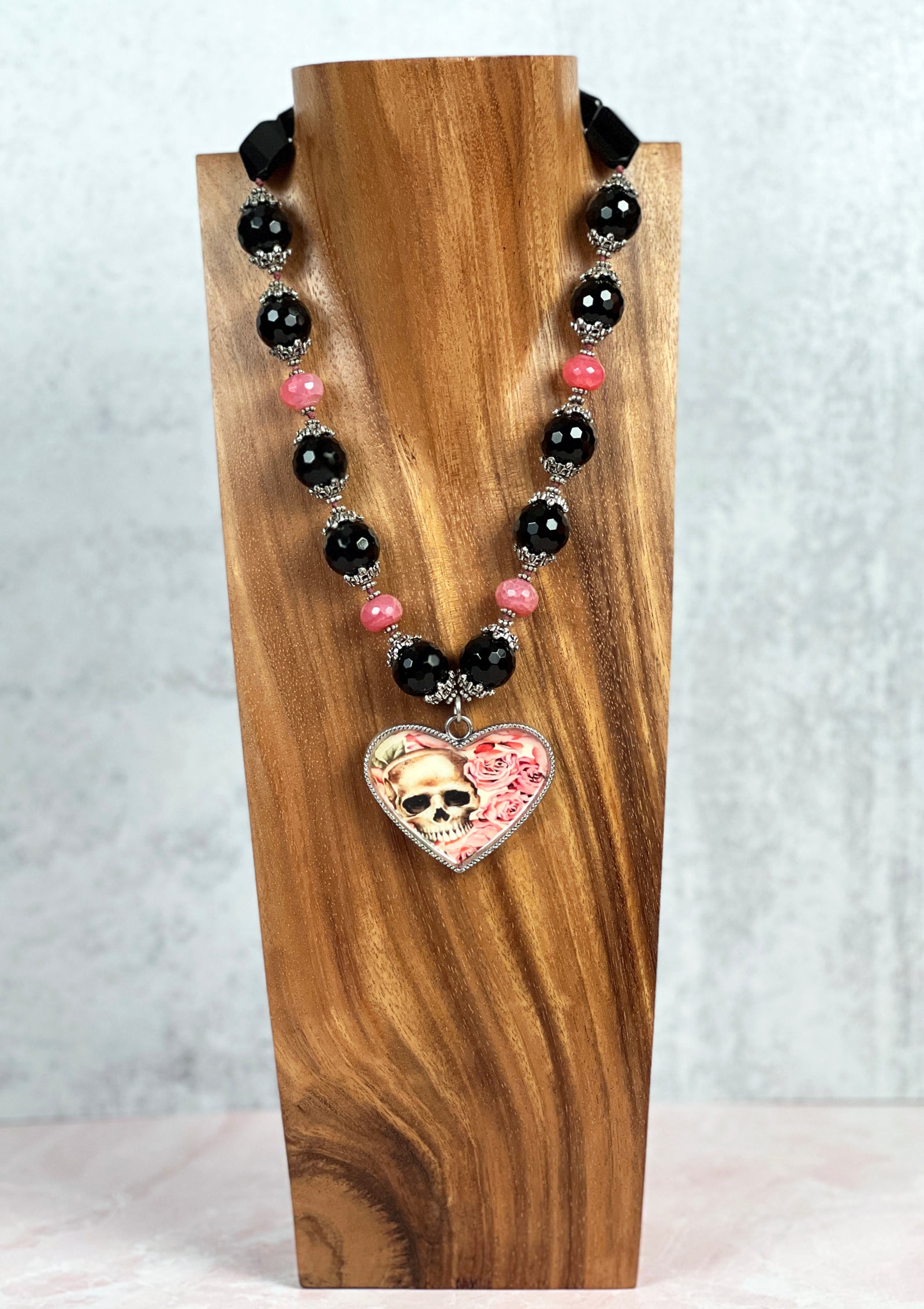 Dia de los Muertos Skulls and Pink Roses Necklace