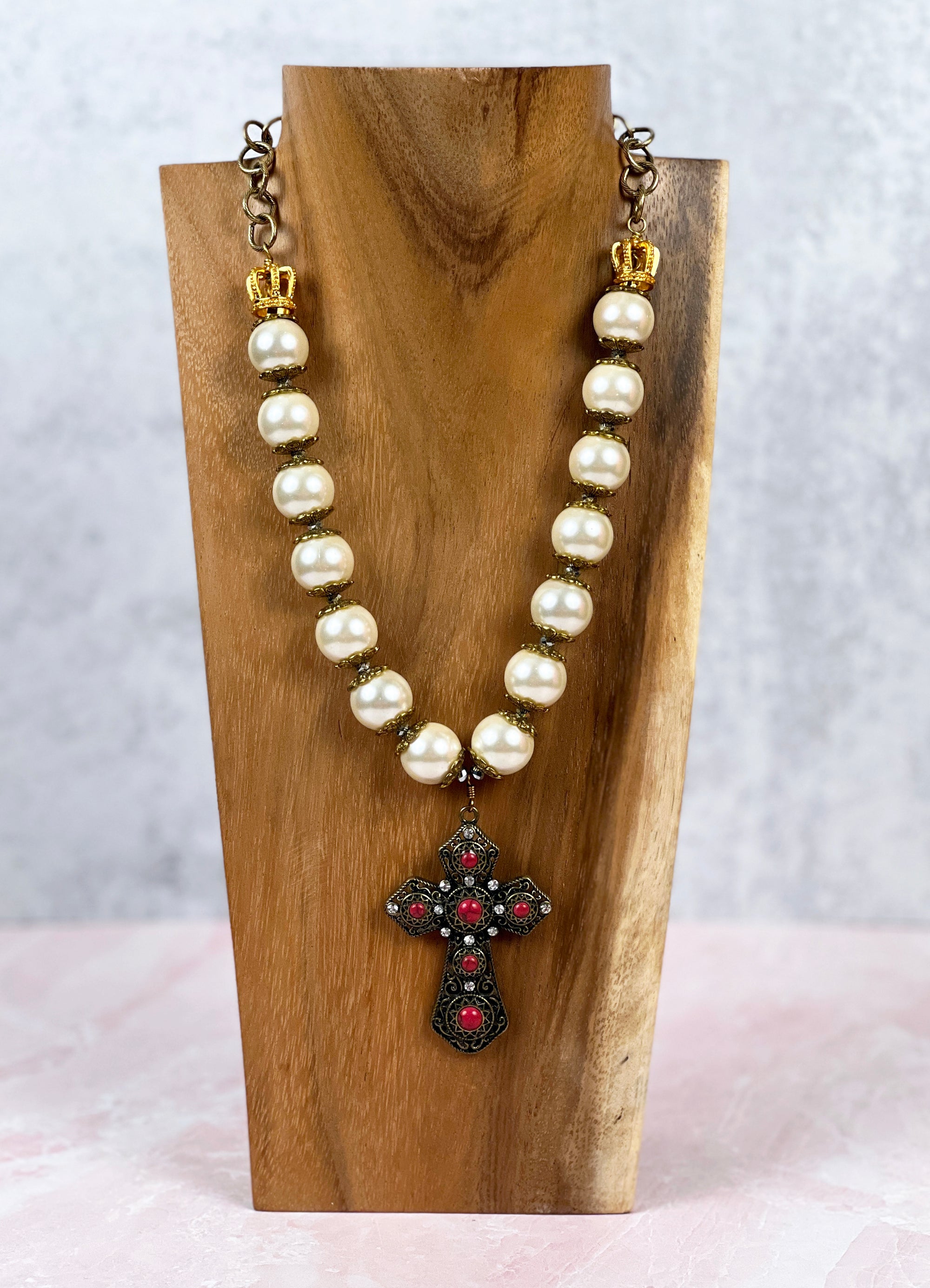 Round Shell Pearl and Antique Cross Necklace
