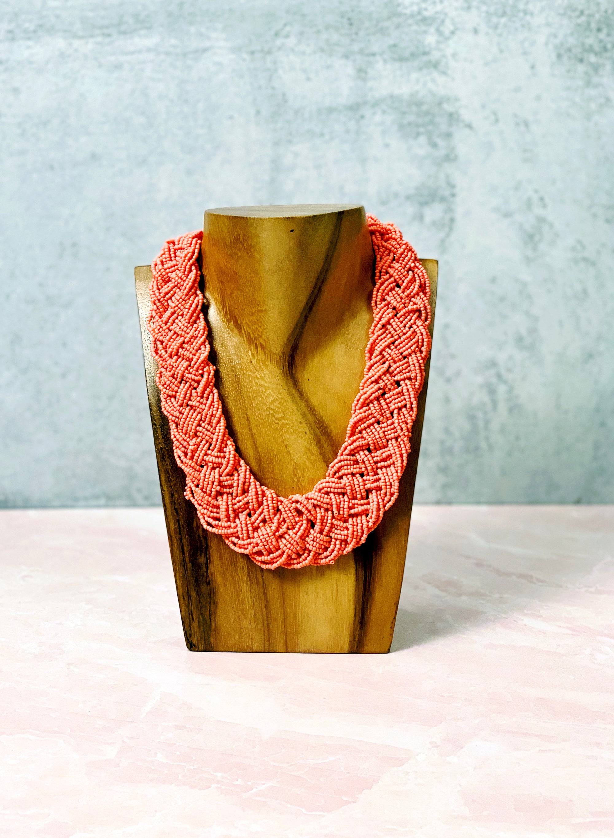 Coral Woven Glass Bead Necklace