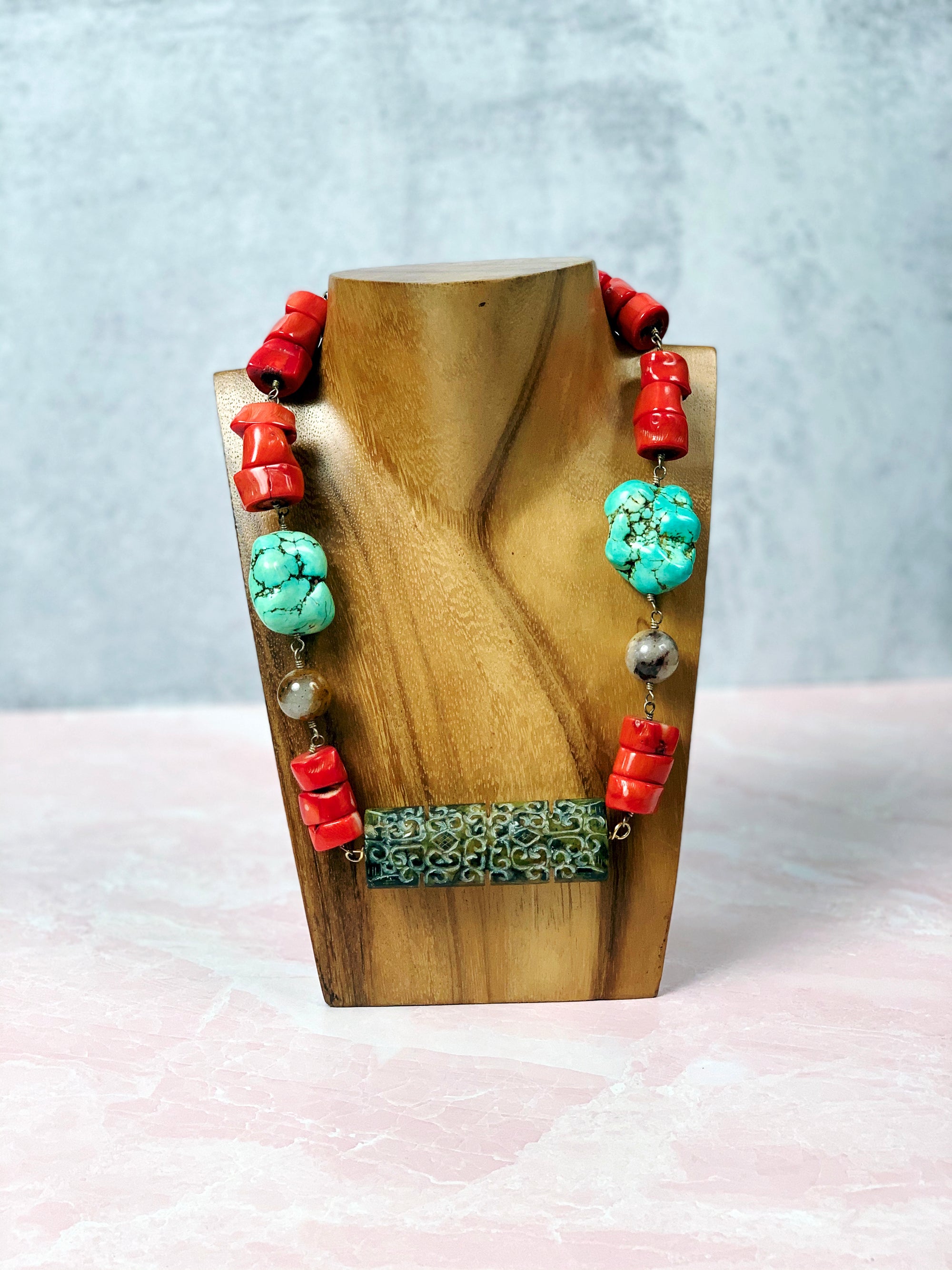 Red Coral and Carved Jade Necklace
