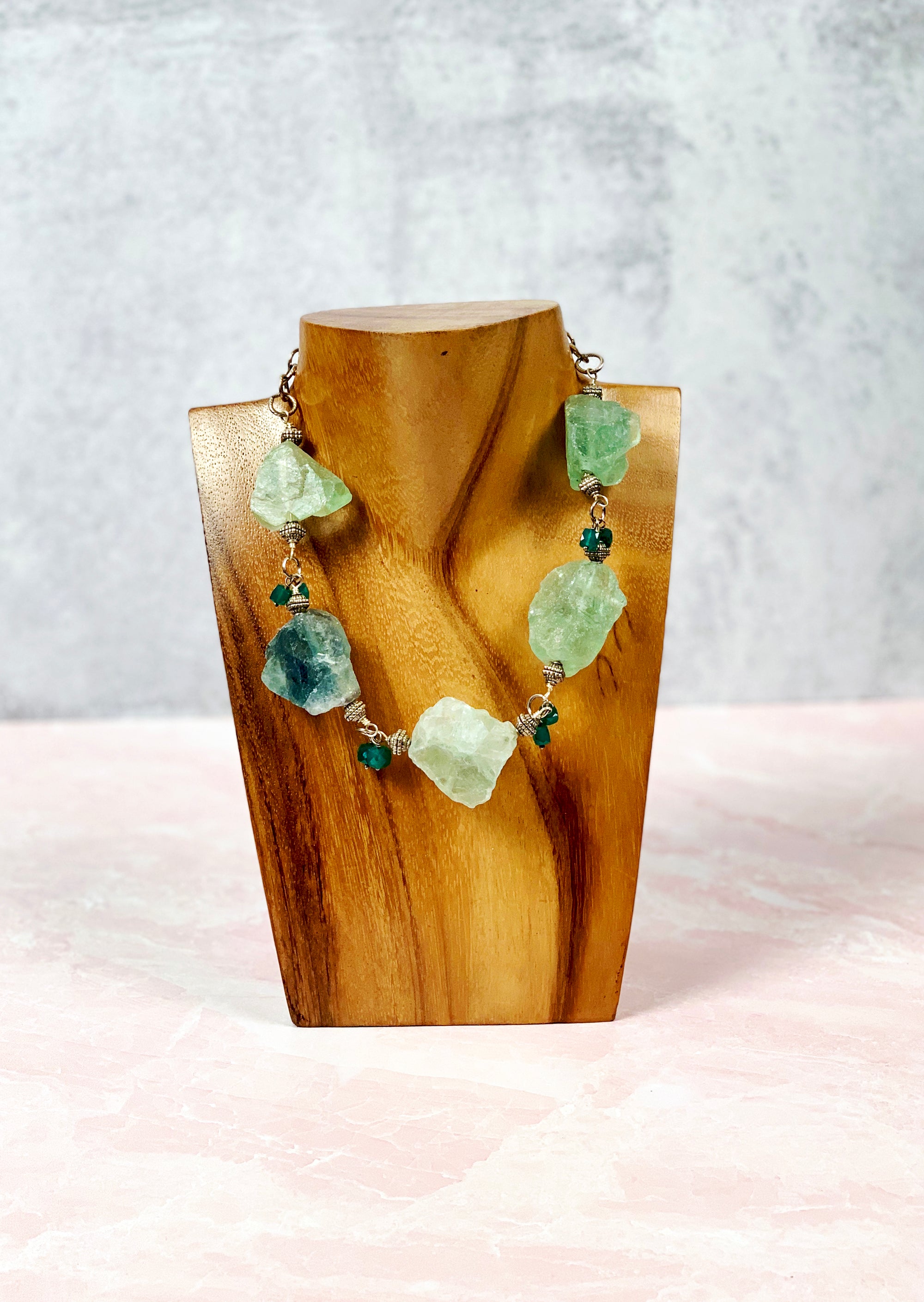 Raw Fluorite Stone and Green Onyx Necklace