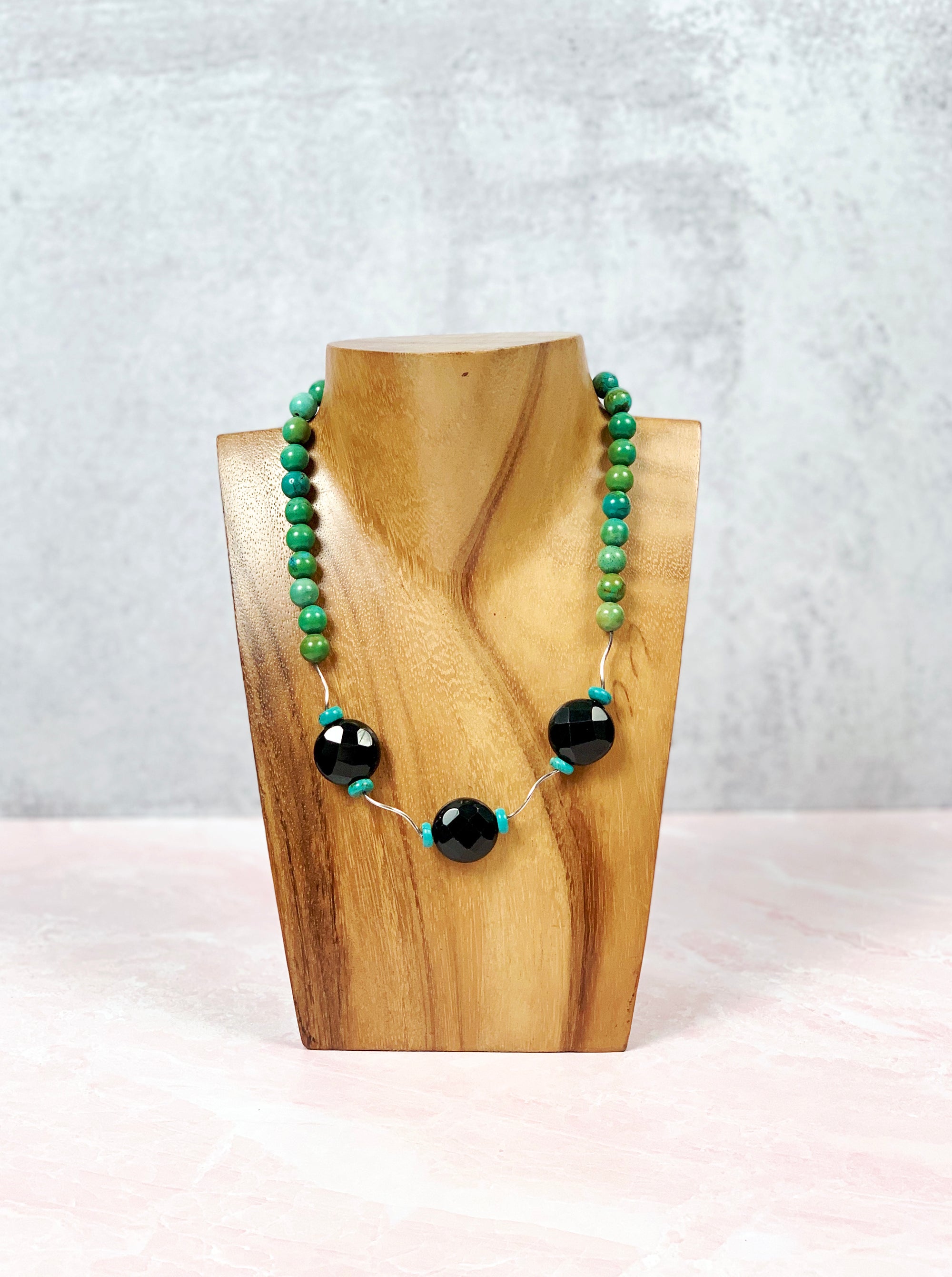 Turquoise and Onyx Noodle Necklace
