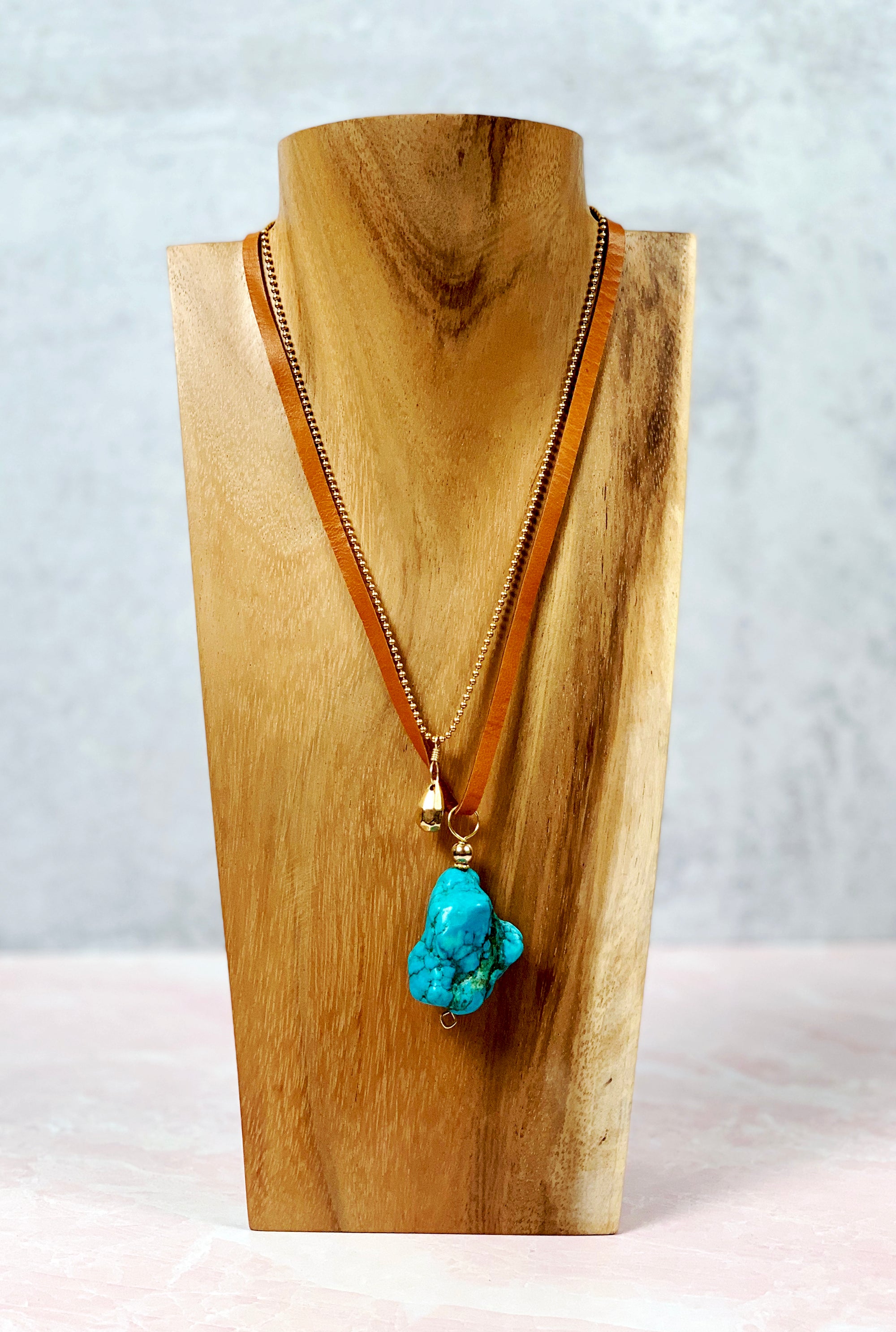 Turquoise and Brass Leather Necklace