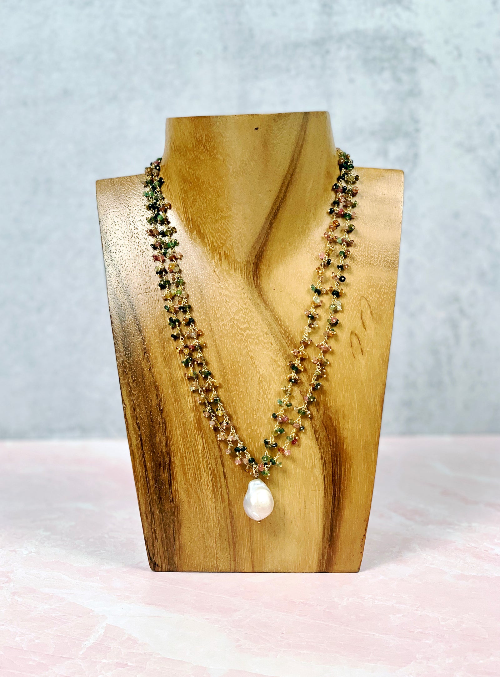 Tourmaline and Baroque Pearl Gold Necklace